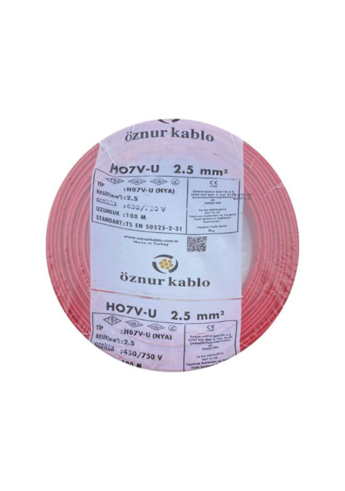 Öznur 2.5 mm Nya %100 Bakır Tek Damar Kablo Kırmızı Renk 1 Top 100 Metre