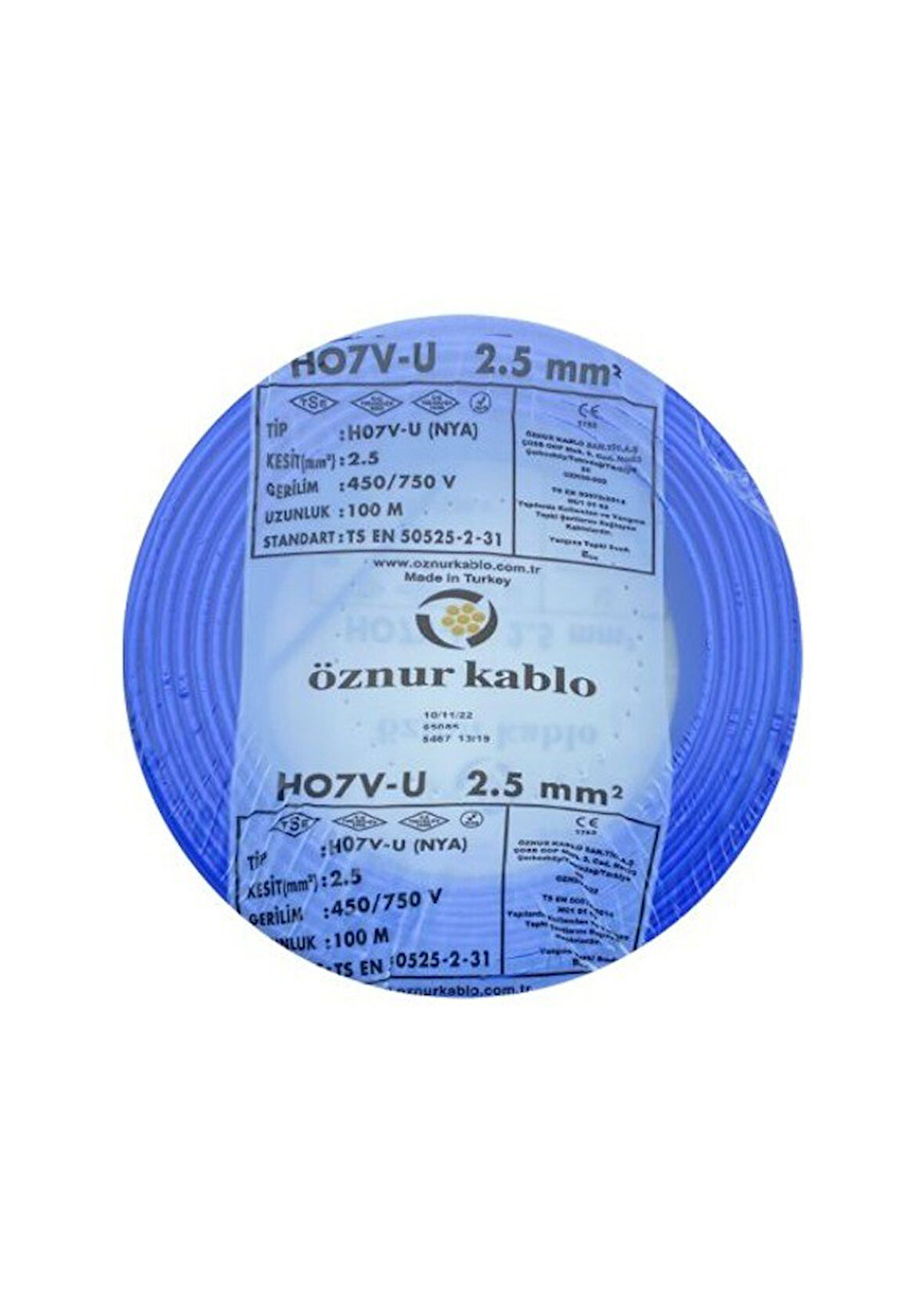 Öznur 2.5 mm Nya %100 Bakır Tek Damar Kablo Mavi Renk 1 Top 100 Metre