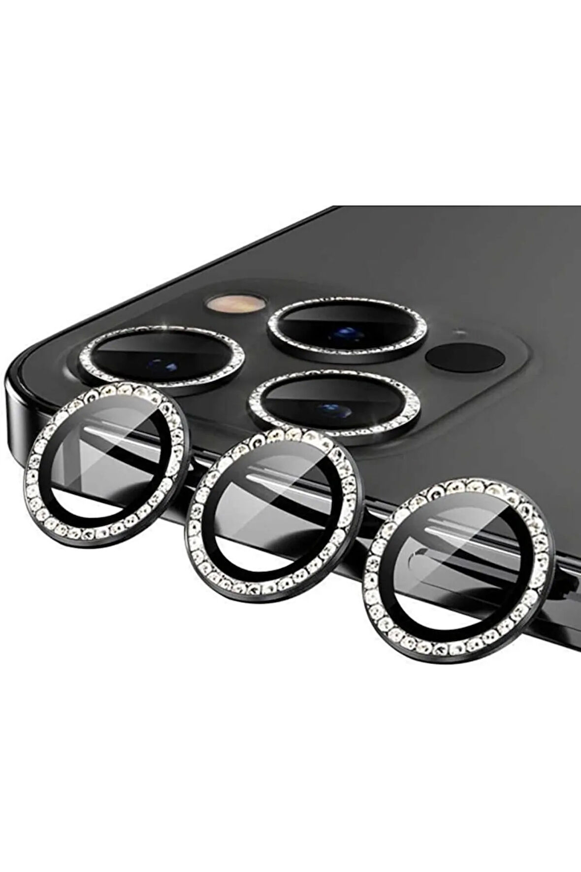 İphone 13 Pro Ve 13 Pro Max Siyah Uyumlu Swarovski Taşlı Kamera Lens Koruyucu Cam