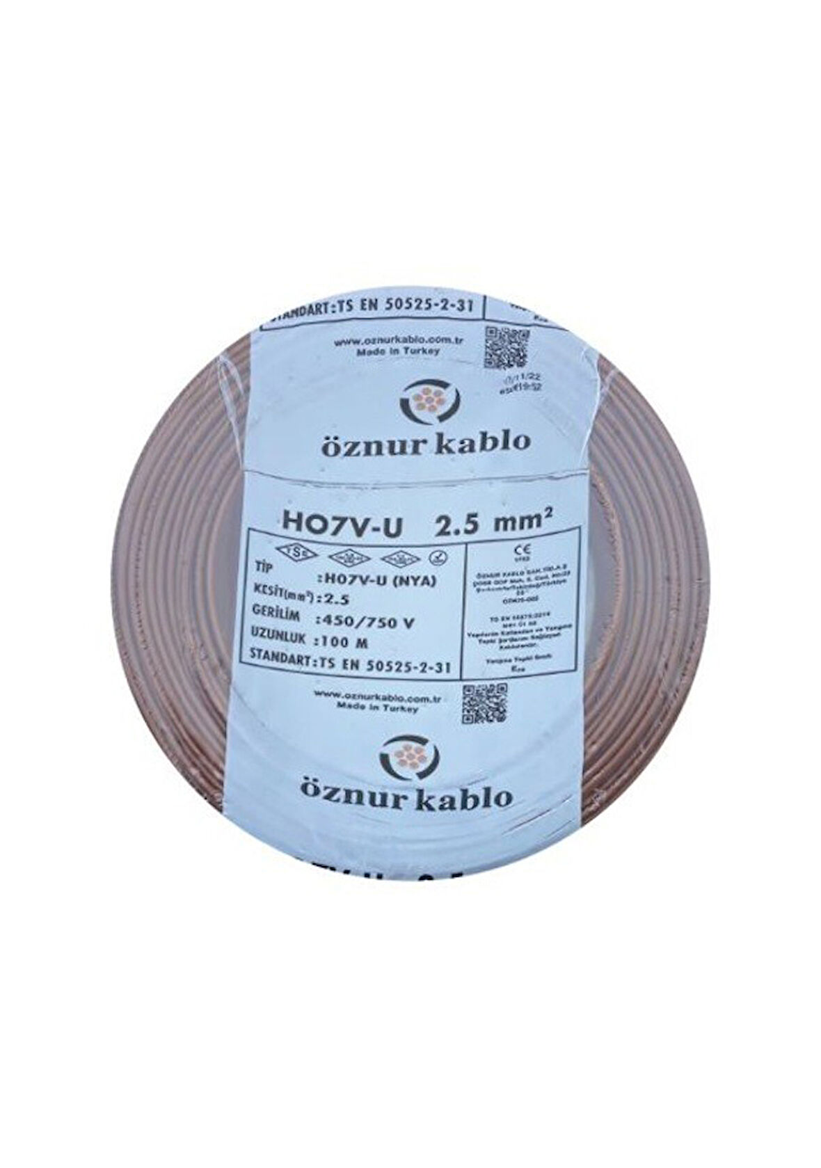 Öznur 2.5 mm Nya %100 Bakır Tek Damar Kablo Kahverengi 1 Top 100 Metre