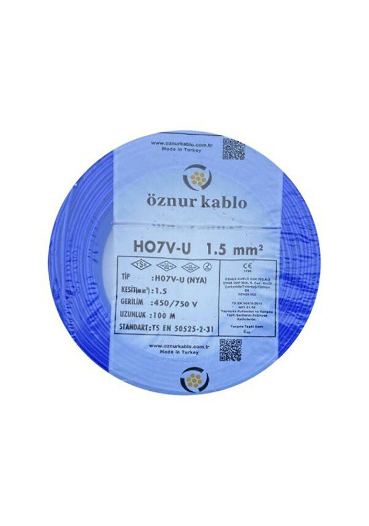 Öznur 1.5 mm Nya %100 Bakır Tek Damar Kablo Mavi Renk 100 Metre