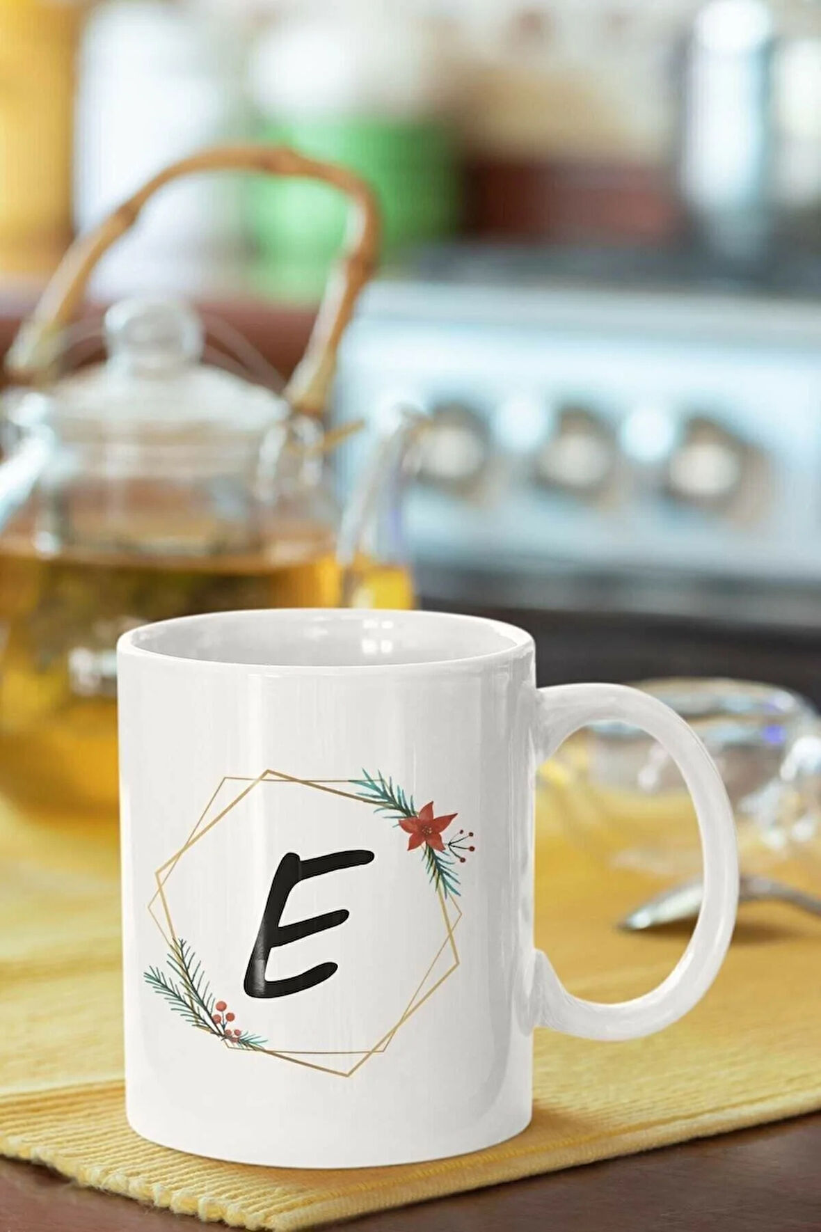 E Harfi Baskılı Porselen Kupa Bardak