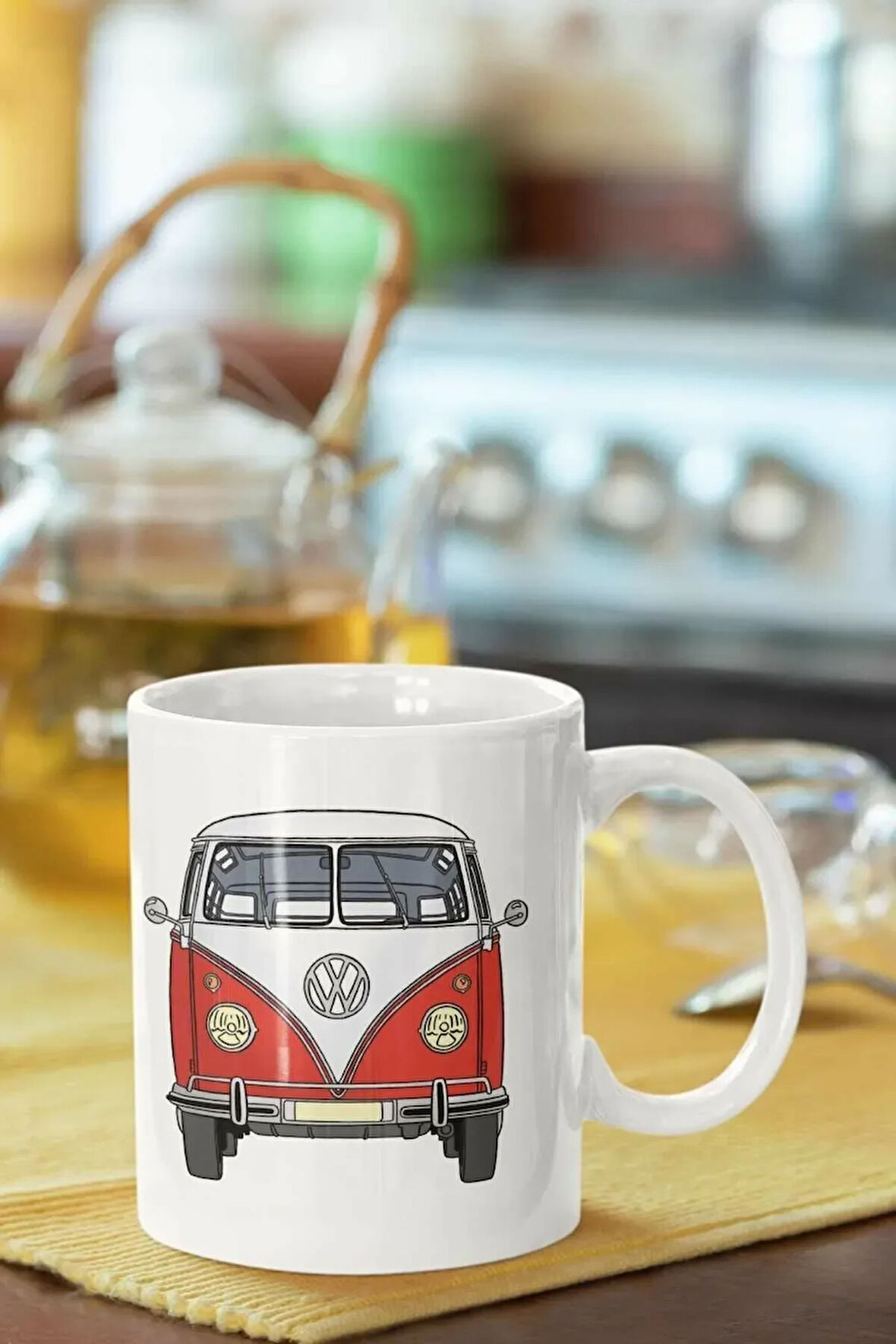 Kırmızı Volkswagen Samba Baskılı Porselen Kupa Bardak