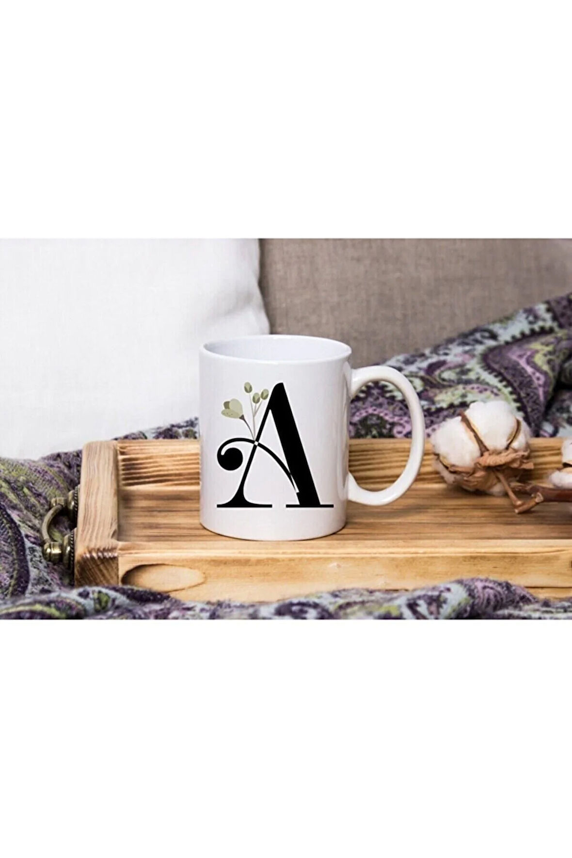 Beyaz Çiçekli A Harfli Beyaz Porselen Kupa Tfbyz-01