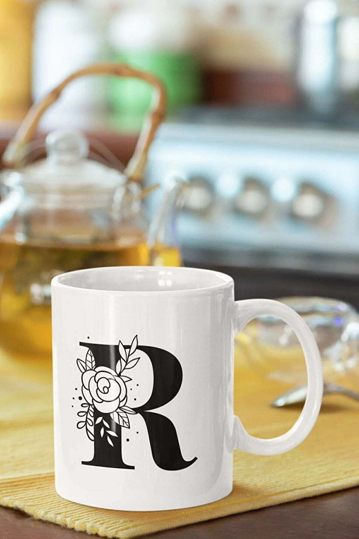 R Harfi Baskılı Porselen Kupa Bardak