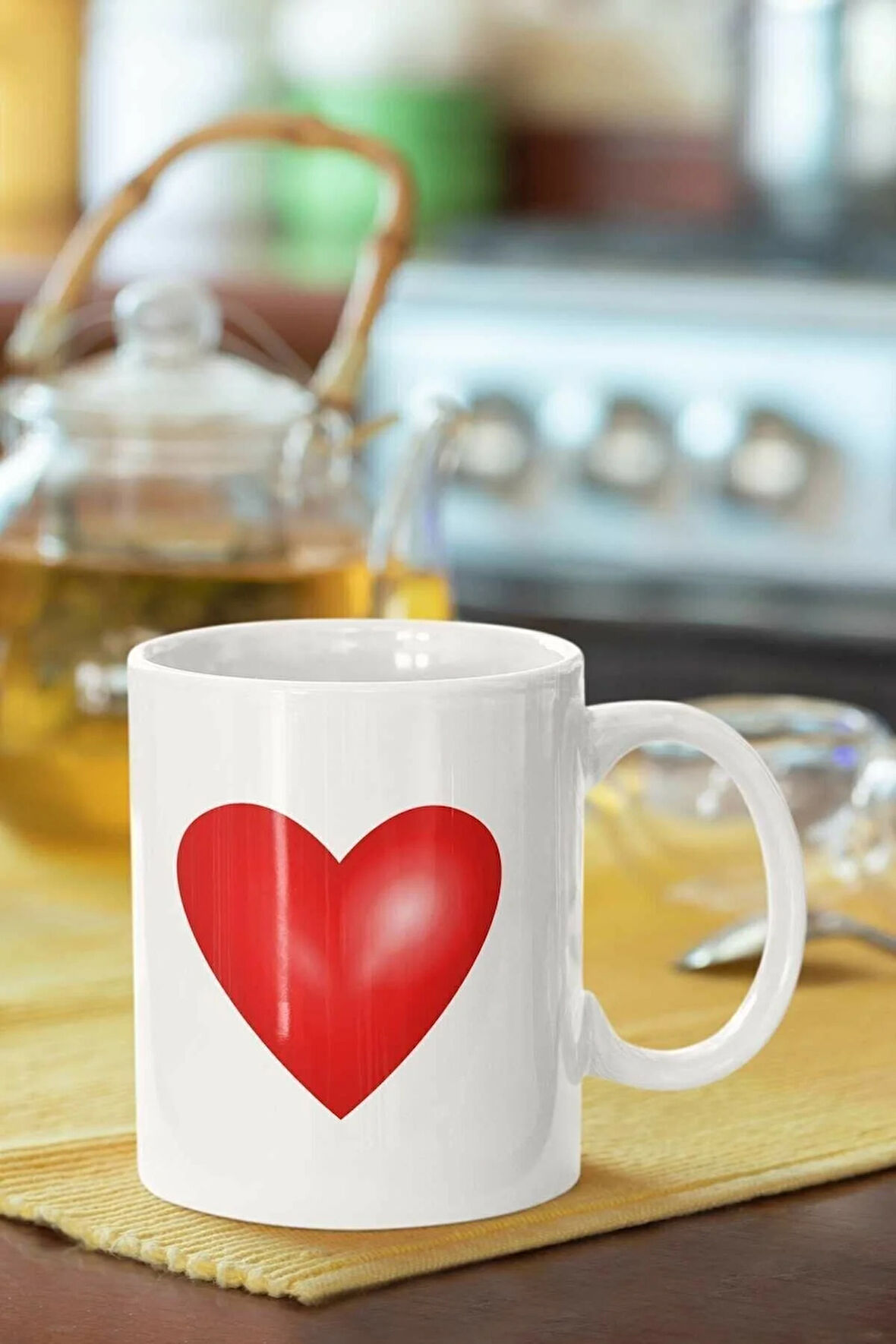 Kırmızı Kalp Baskılı Porselen Kupa Bardak