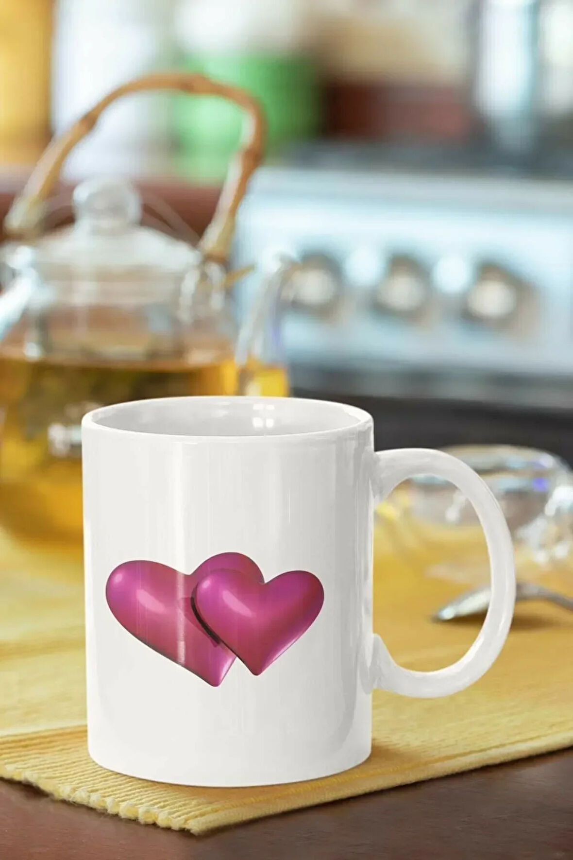 Pembe Kalp Baskılı Porselen Kupa