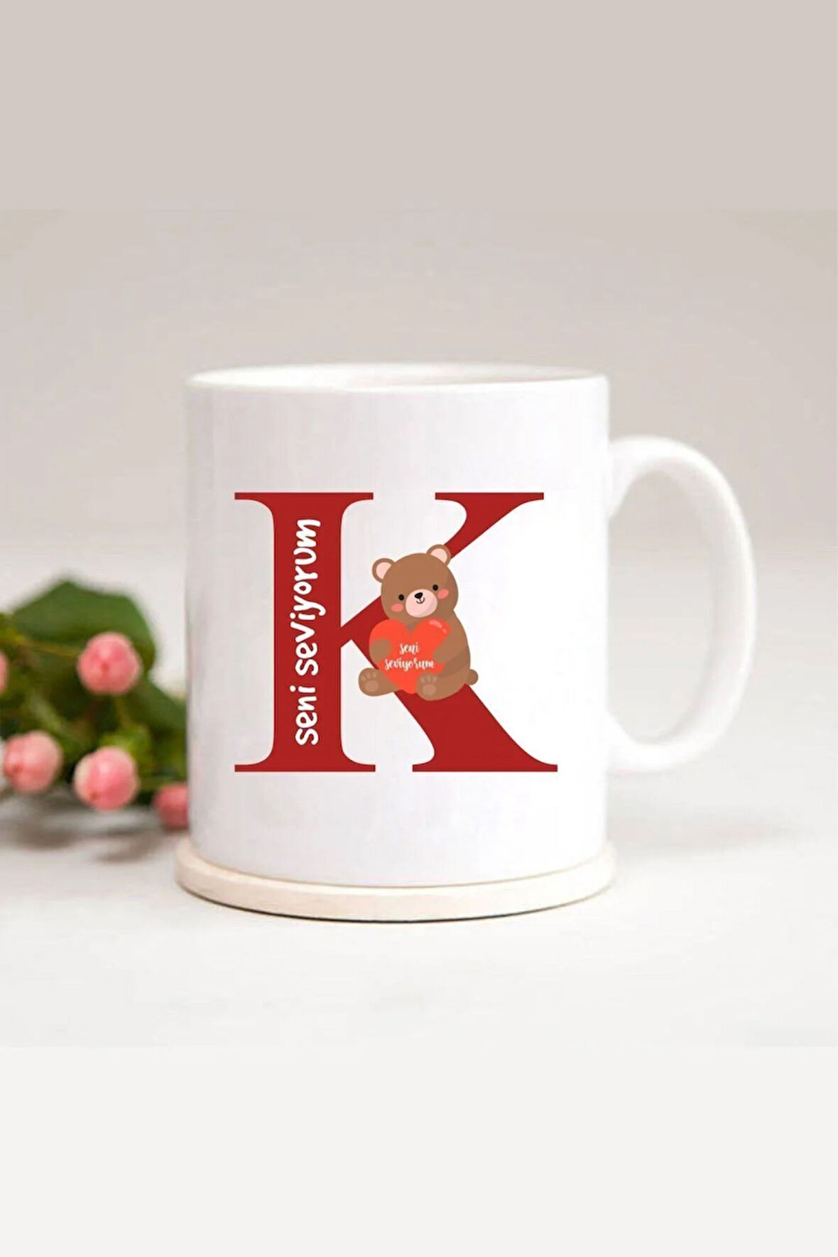 Ayıcıklı K Harfli Baskılı Kupa Bardak