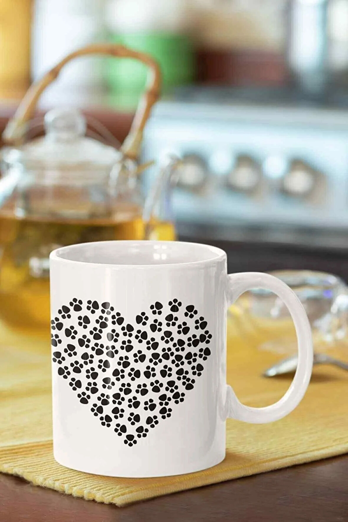 Patili Kalp Desenli Baskılı Porselen Kupa Bardak