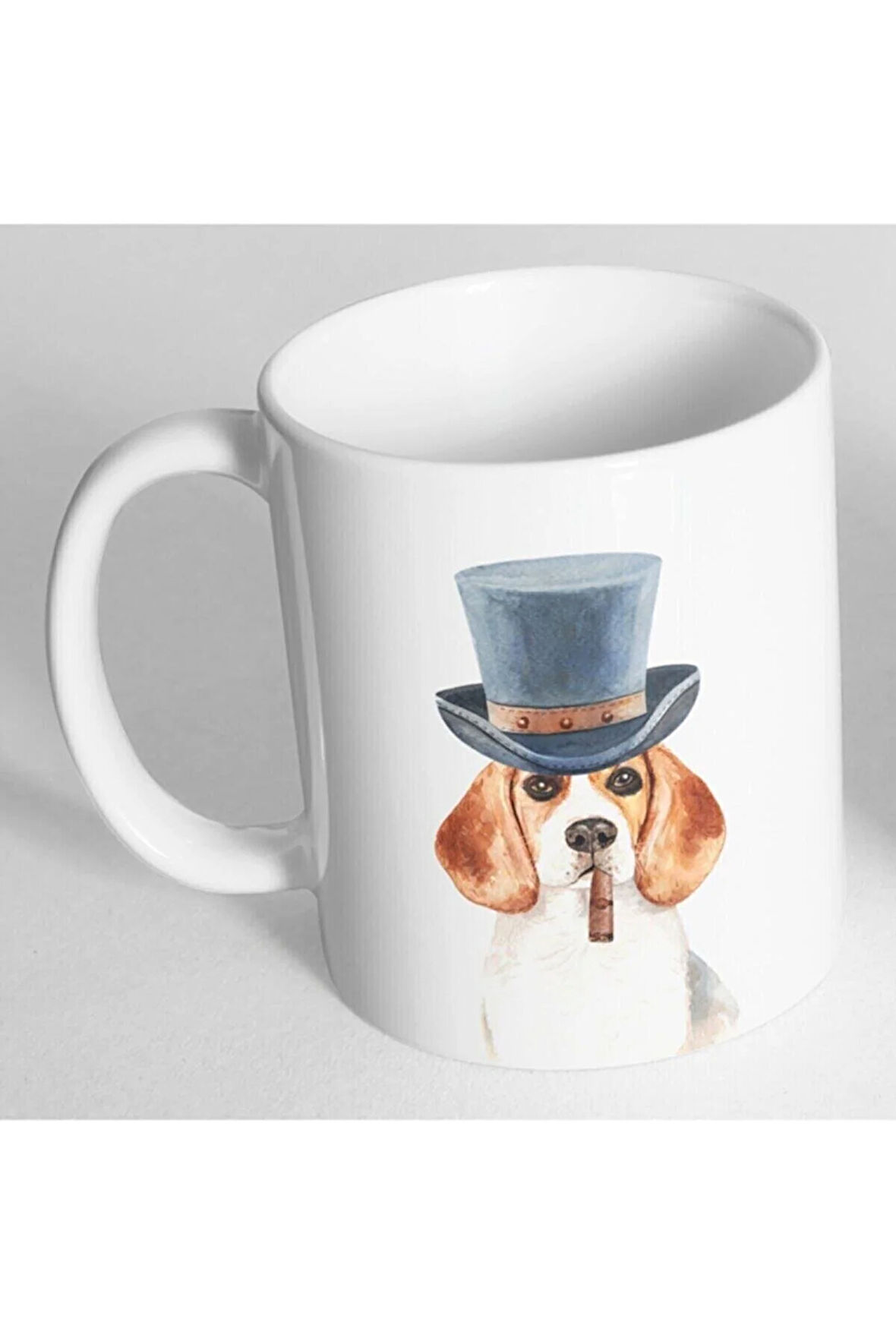 Beyaz Beagle Melon Şapkalı Baskılı Kupa Bardak