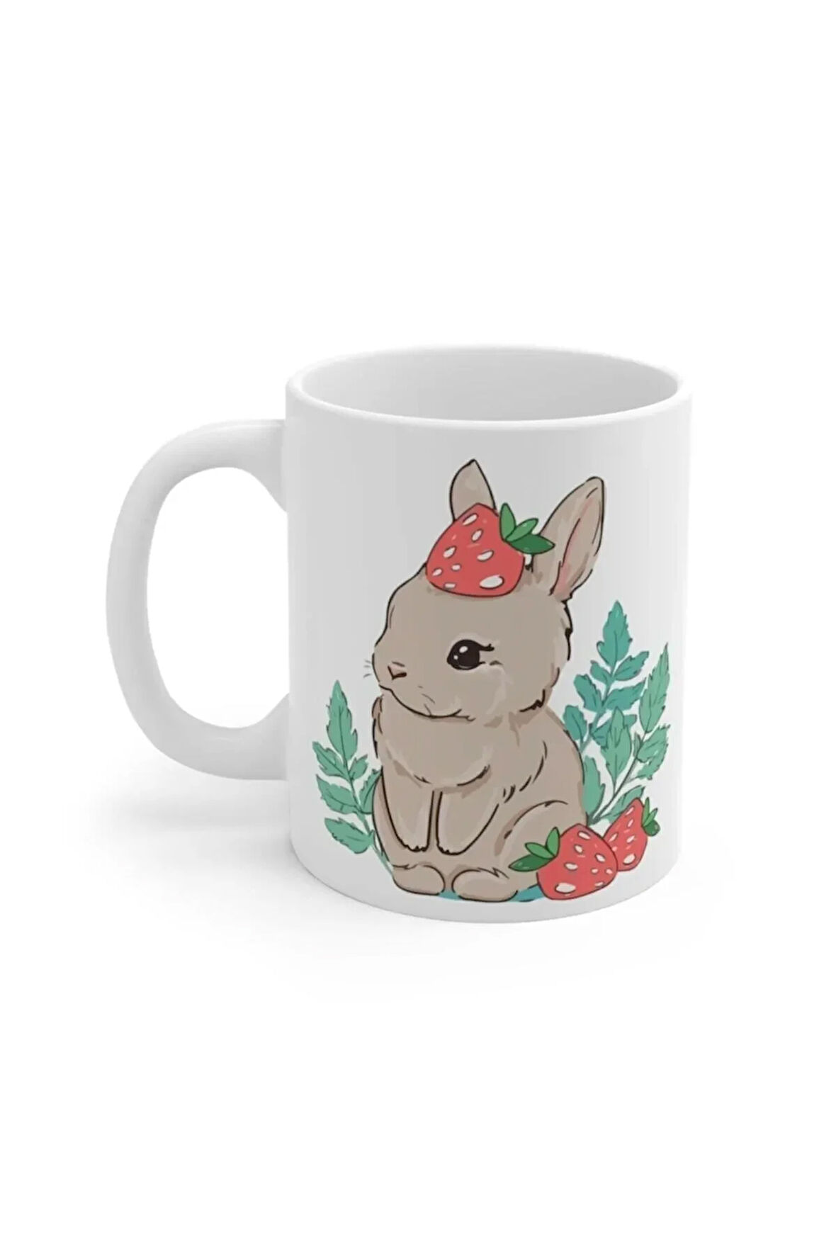 Beyaz Çilekli Tavşan Baskılı Kupa