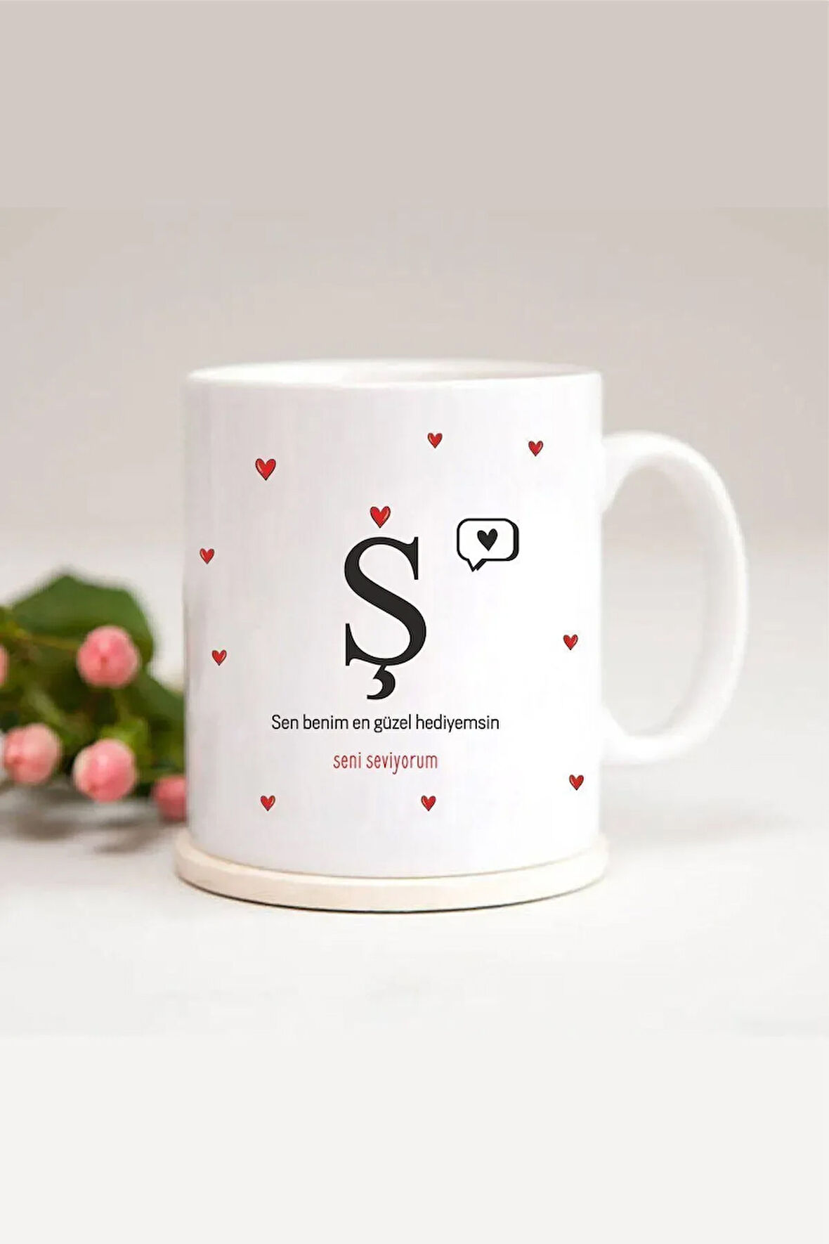 Kalp Detaylı Ş Harfli Baskılı Kupa Bardak