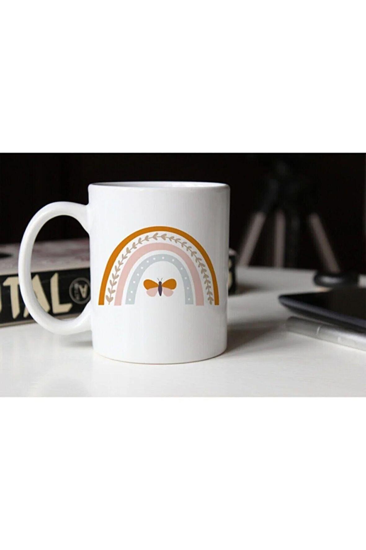 Özel Tasarım- Bohem Gökkuşağı Baskılı Beyaz Kupa Bardak-005 Tfkr