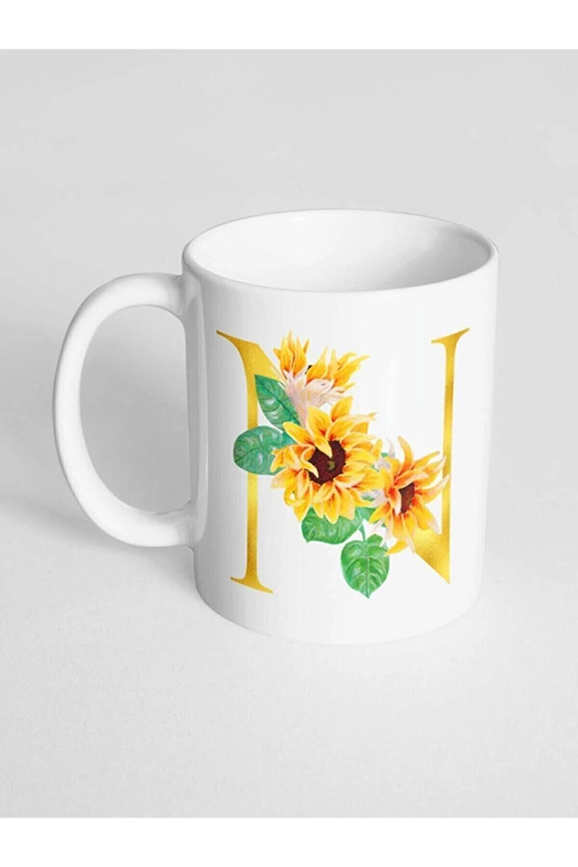 N Harfi Baskılı Çiçek Desenli Dekoratif - Baş Harf Baskılı Kupa Bardak