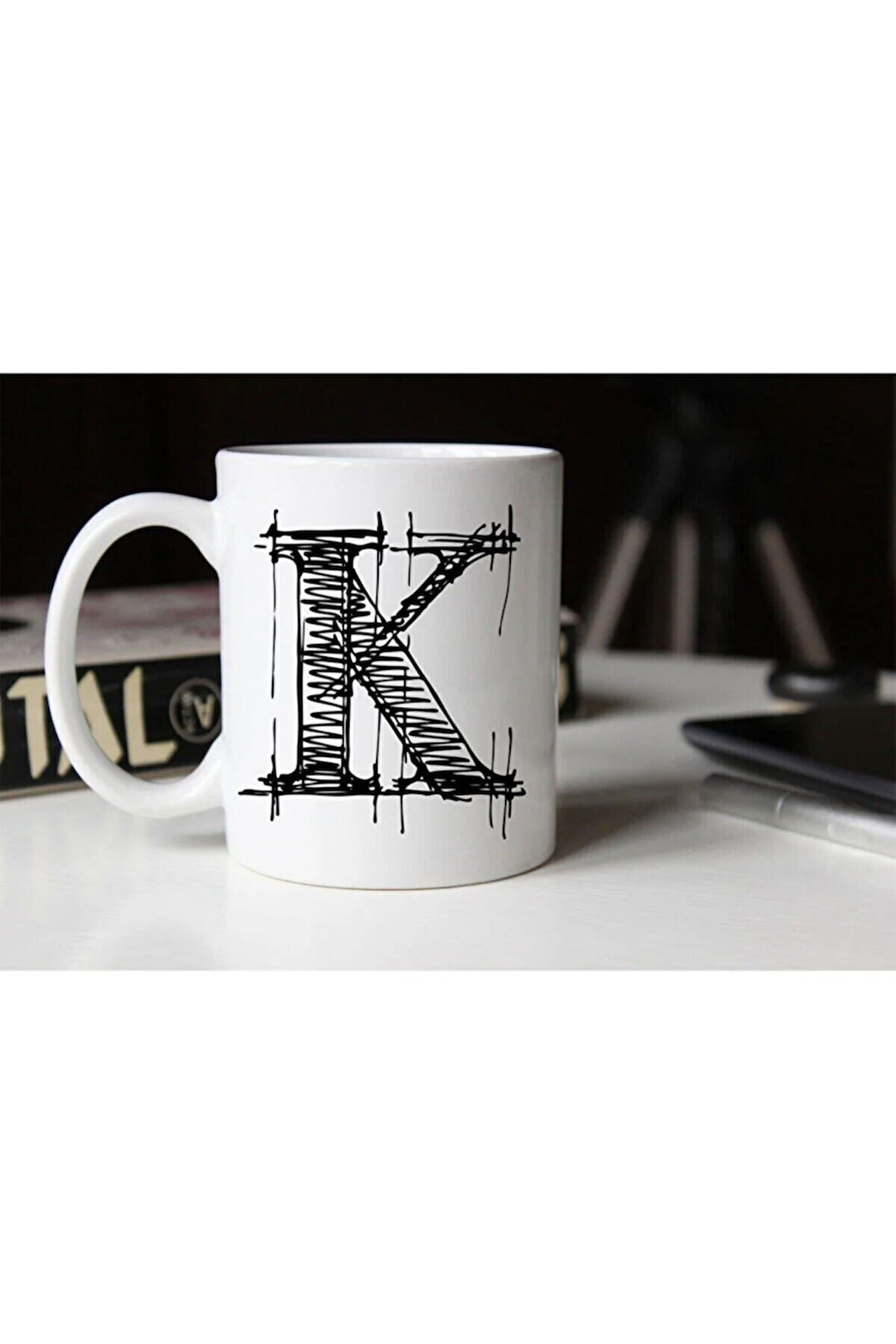 Özel Çizim K Harfli Porselen Kupa Tfshr-13