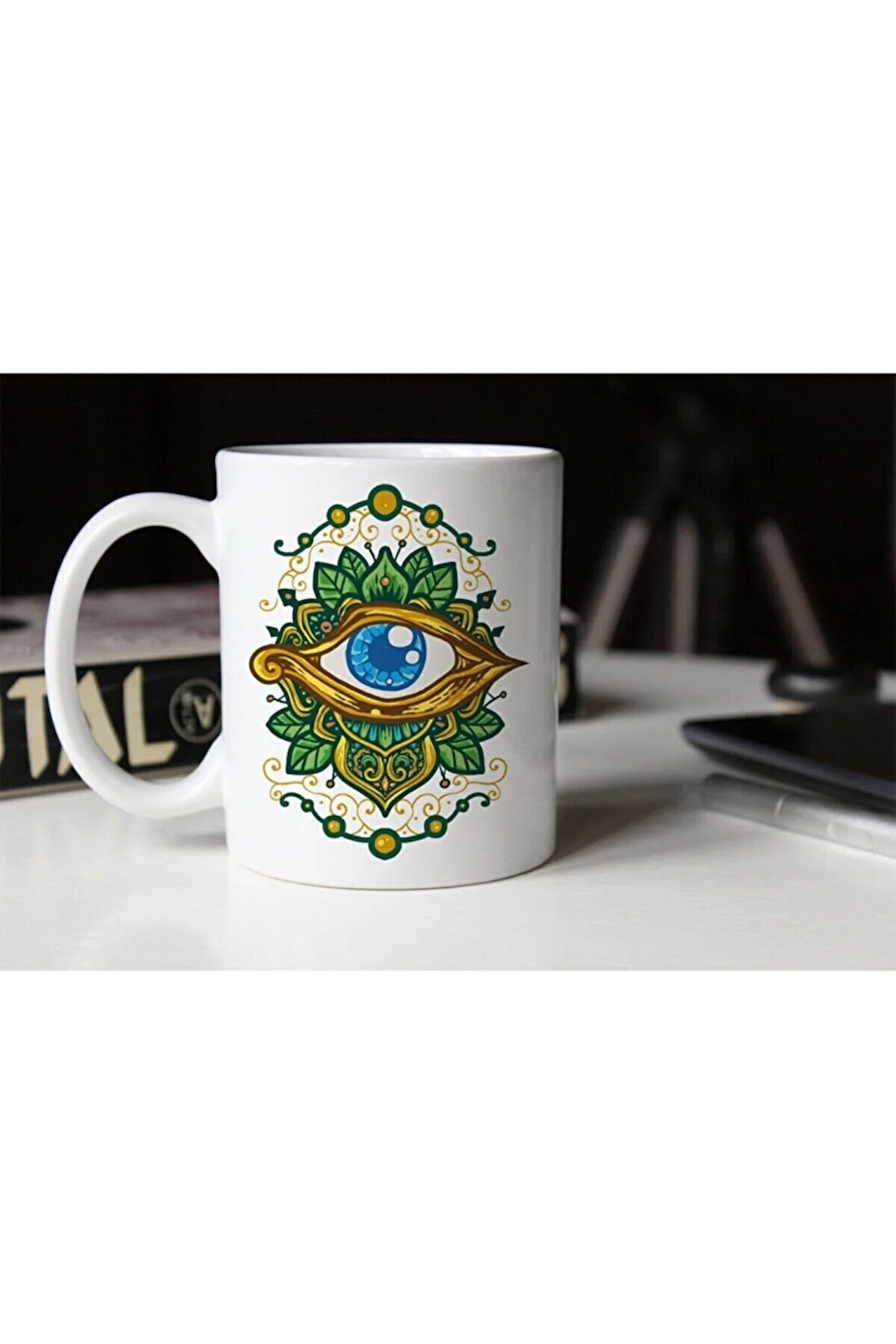Özel Tasarım Yeşil Yapraklı Göz Baskılı Porselen Kupa Bardak- 001 Tfkp