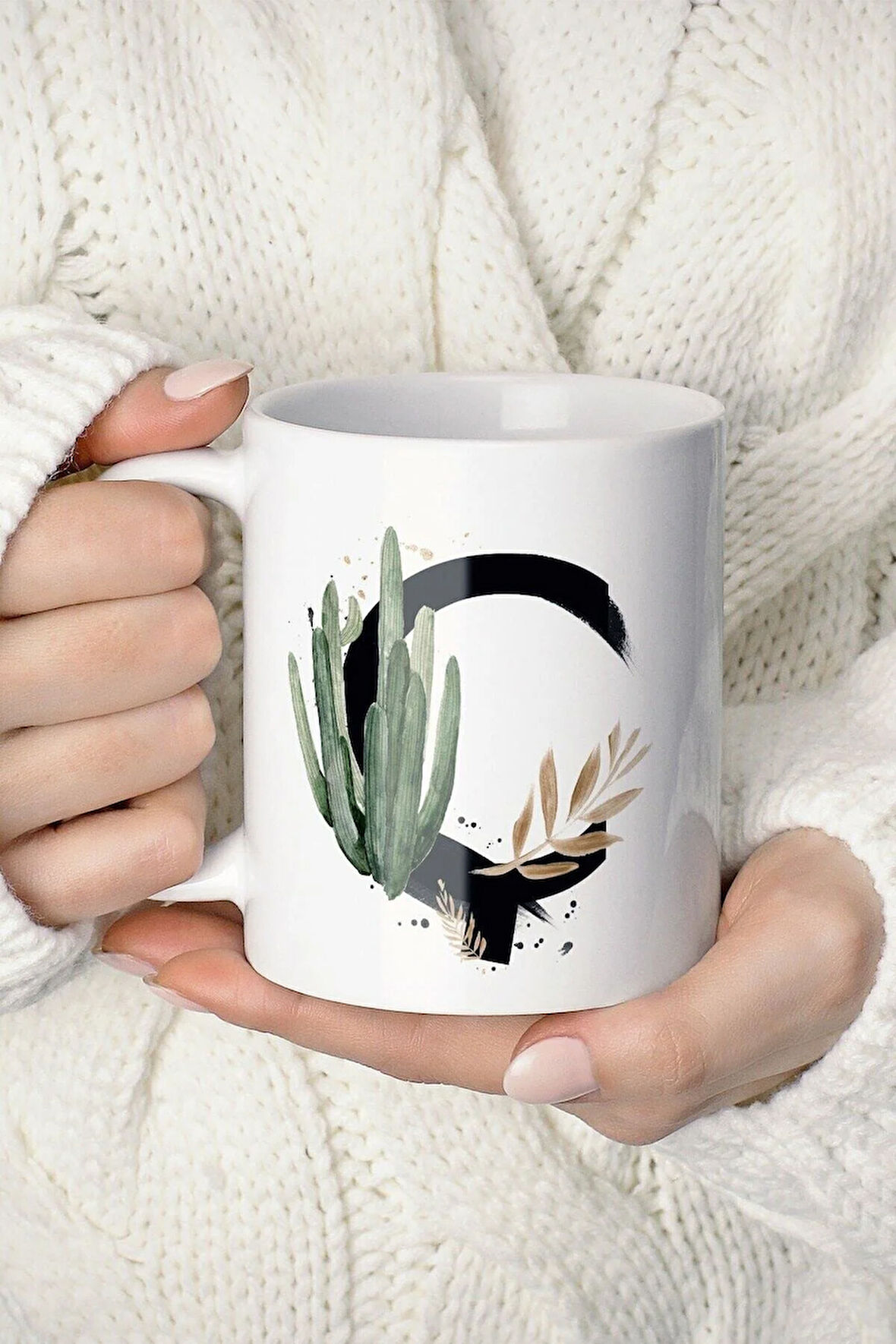 Beyaz Ç Harf Baskılı Tropikal Koleksiyon Porselen Kupa Bardak