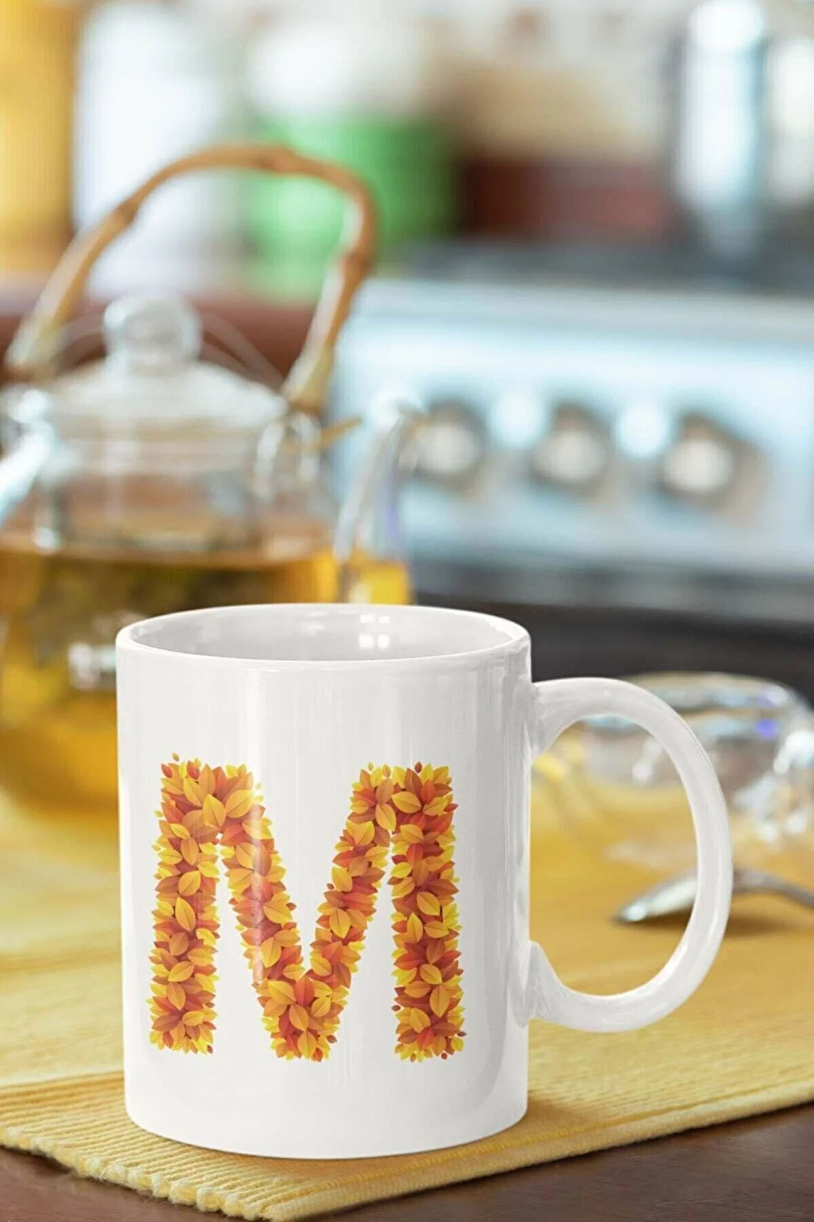 Sarı Yapraklı M Harfi | Baskılı Porselen Kupa Bardak