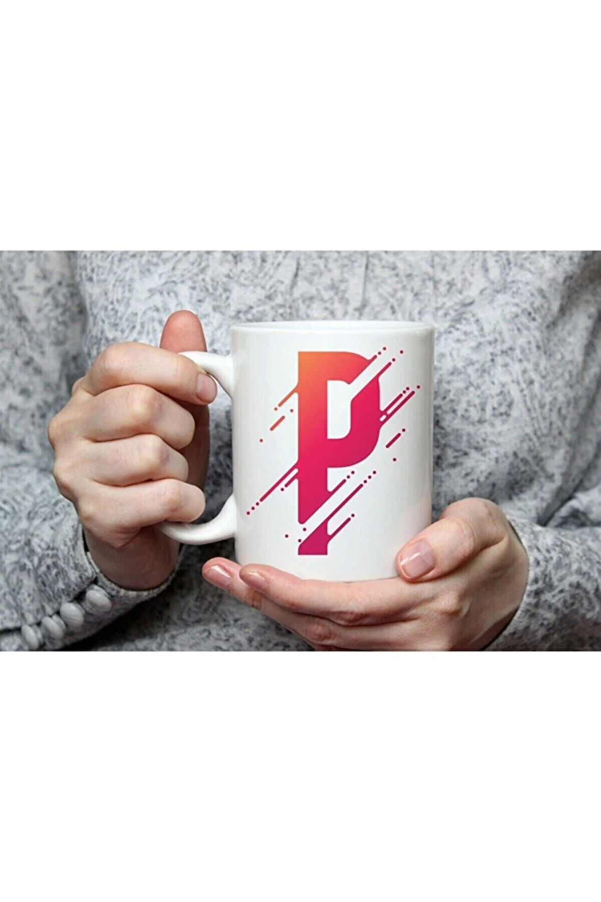 Özel Tasarım P Harfli Beyaz Porselen Kupa Tfsp-16