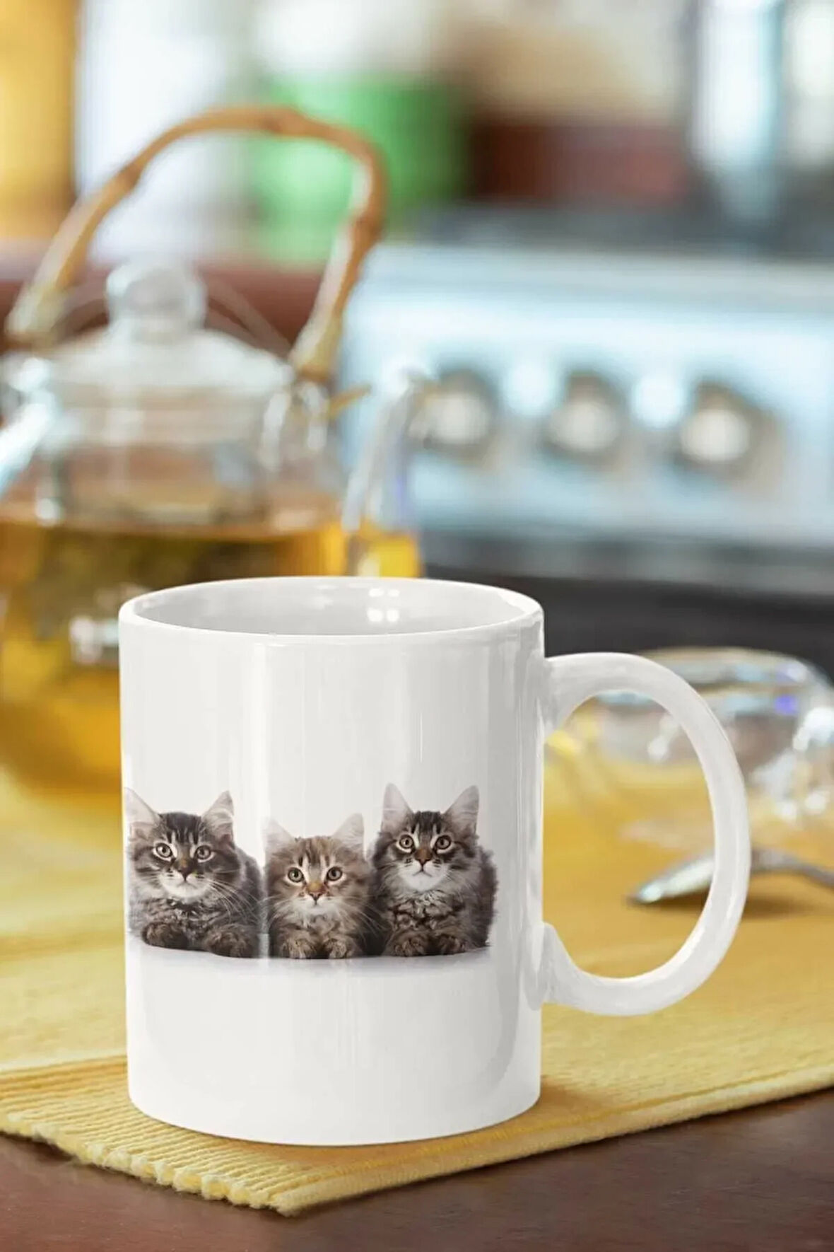 3 Kedi Baskılı Porselen Kupa Bardak