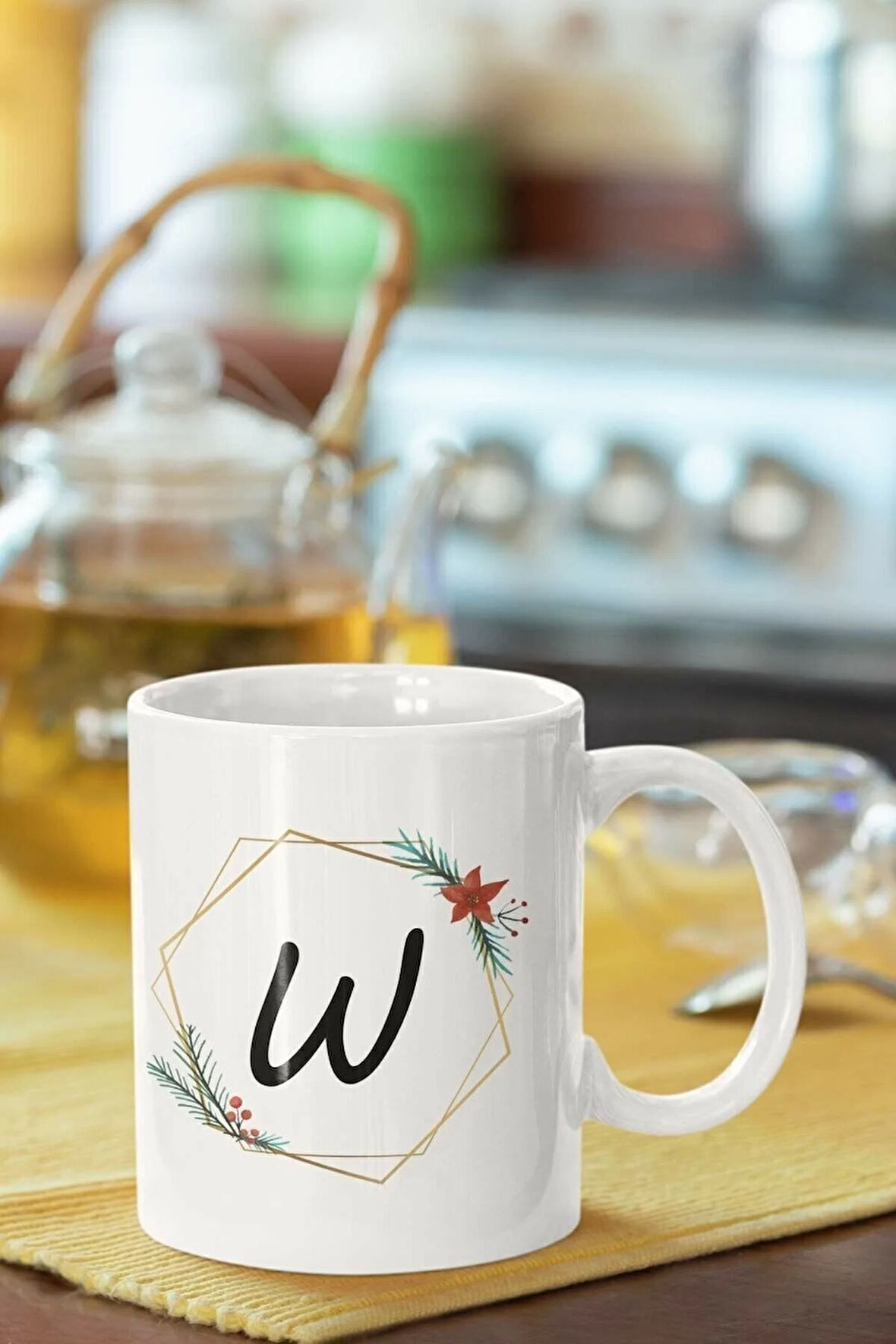 W Harfi Baskılı Porselen Kupa Bardak