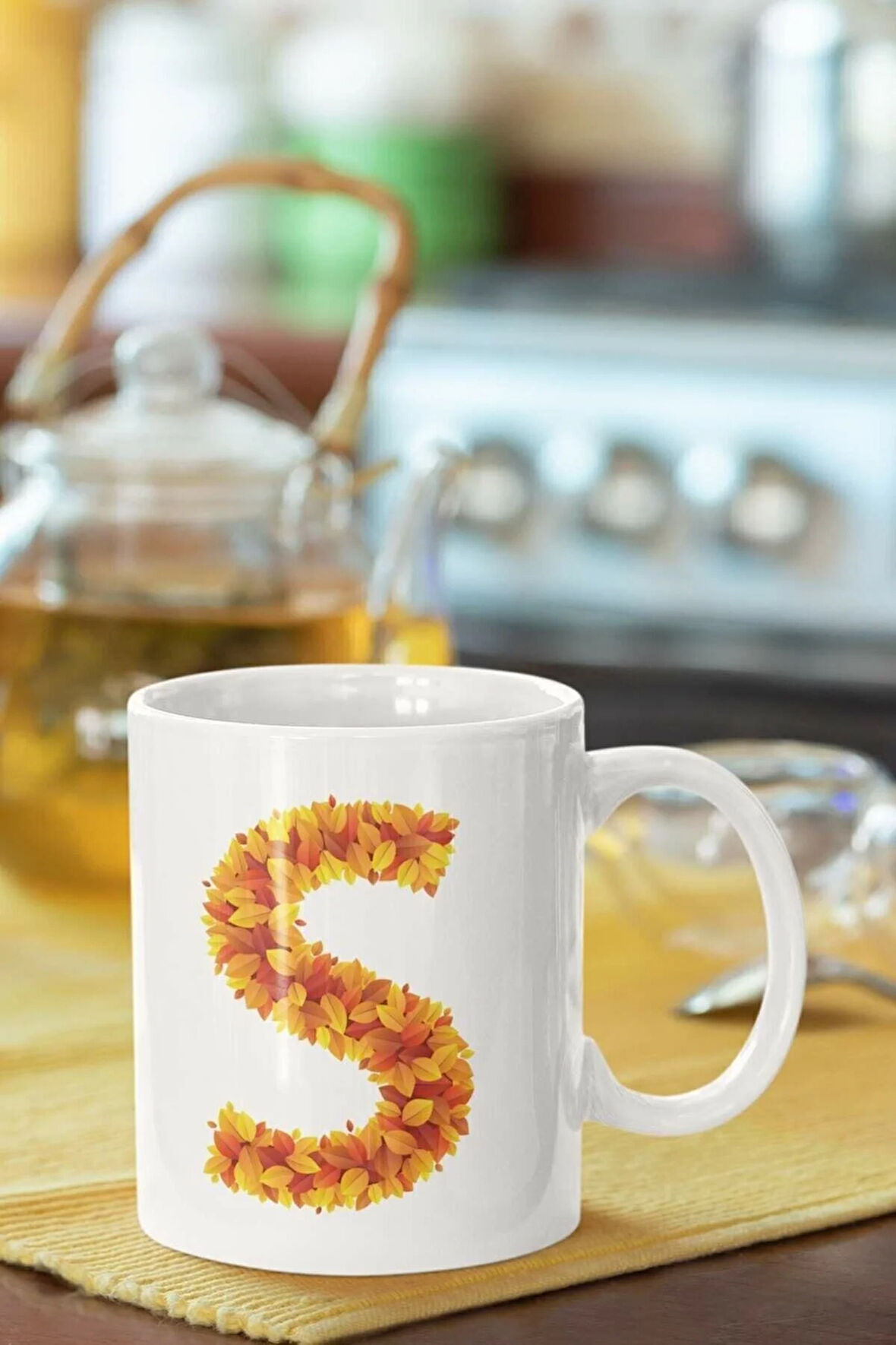 Beyaz Sarı Yapraklı S Harfi Baskılı Porselen Kupa