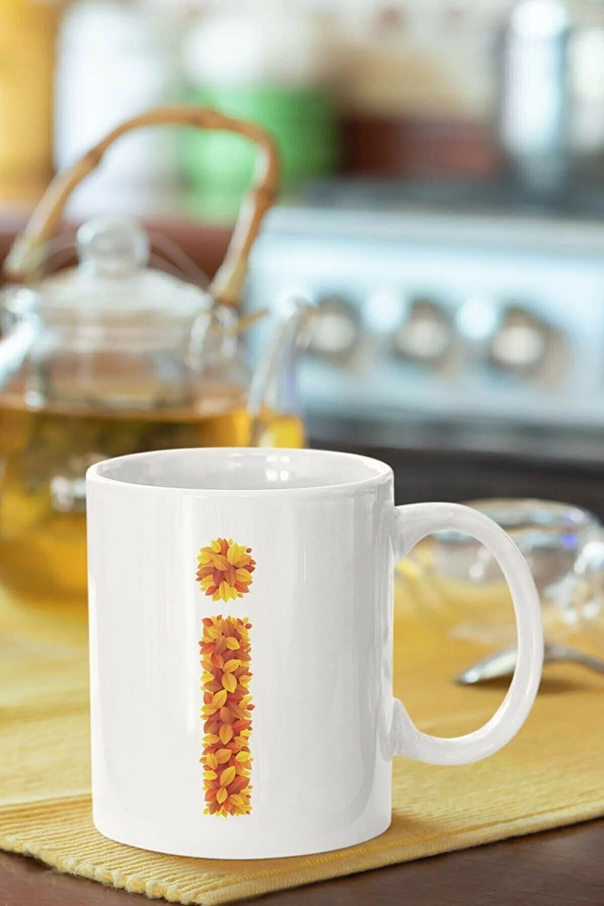 Beyaz Sarı Yapraklı I Harfi Baskılı Porselen Kupa