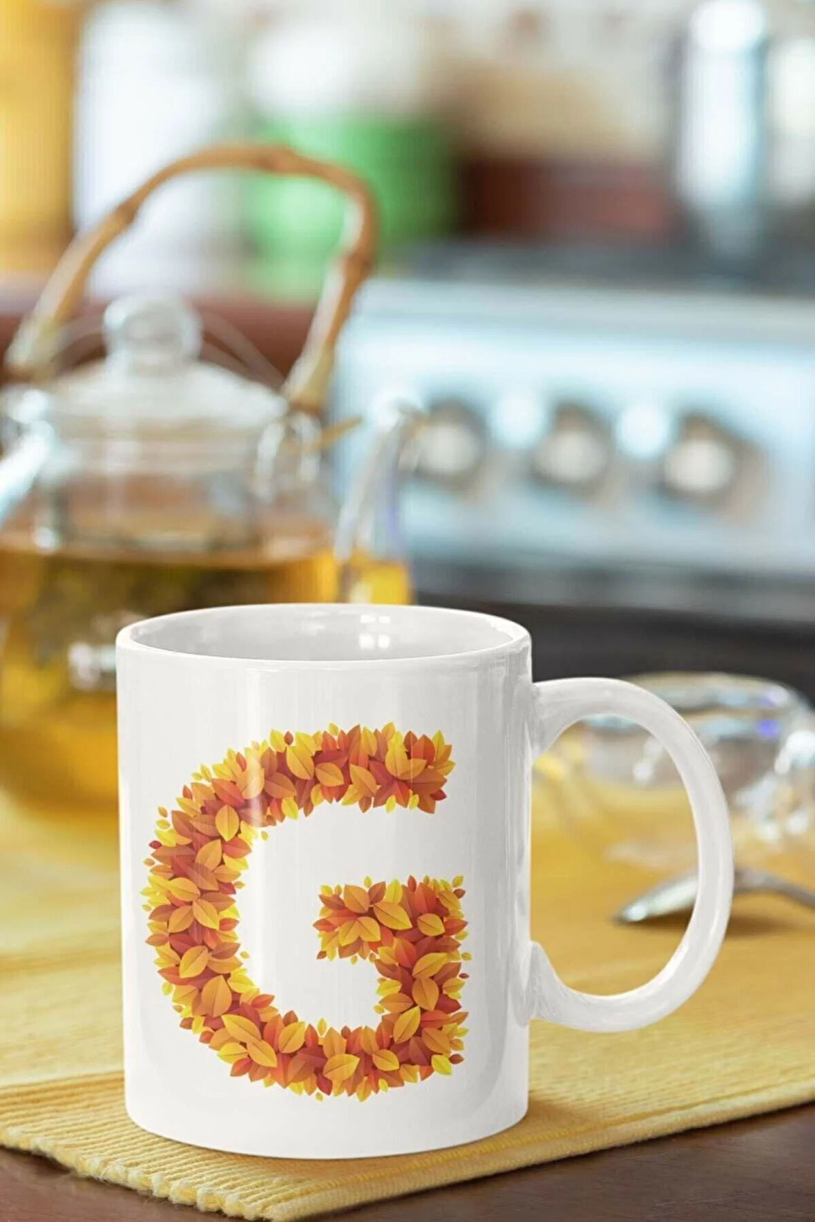 Sarı Yapraklı G Harfi Baskılı Porselen Kupa Bardak Trend