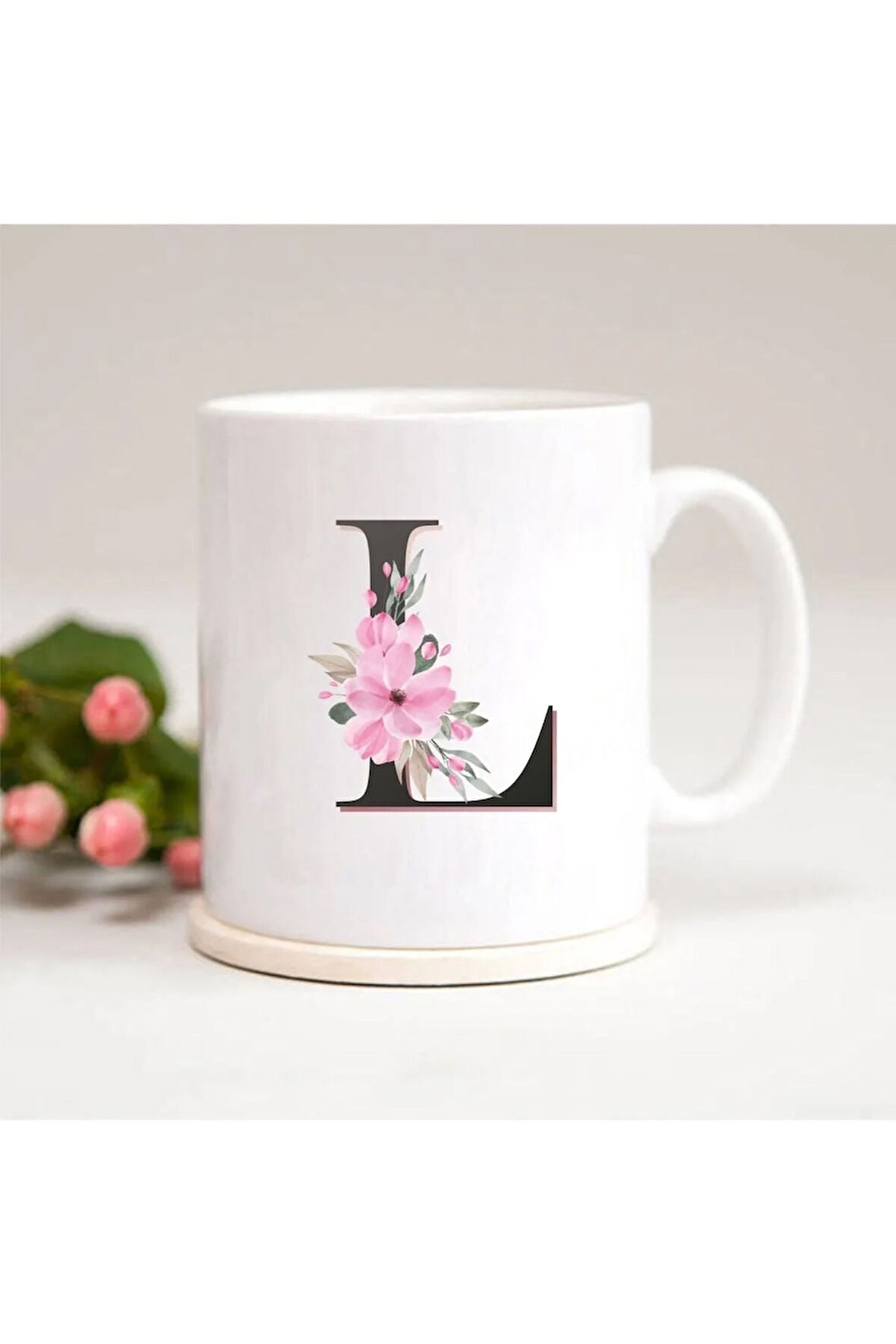 Beyaz L Harfli Baskılı Kupa Bardak