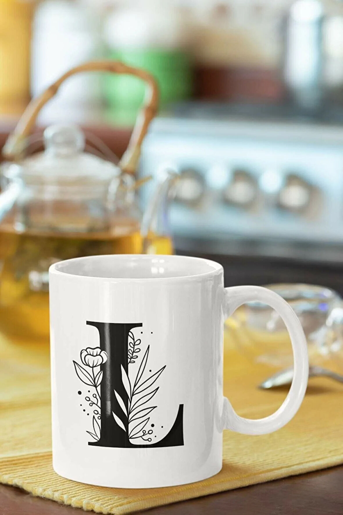 L Harfi Baskılı Porselen Kupa Bardak