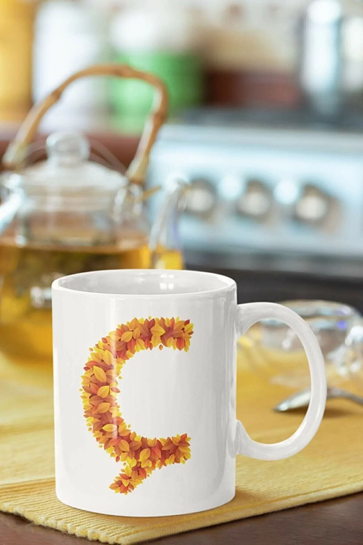 Beyaz Sarı Yapraklı Ç Harfi Baskılı Porselen Kupa