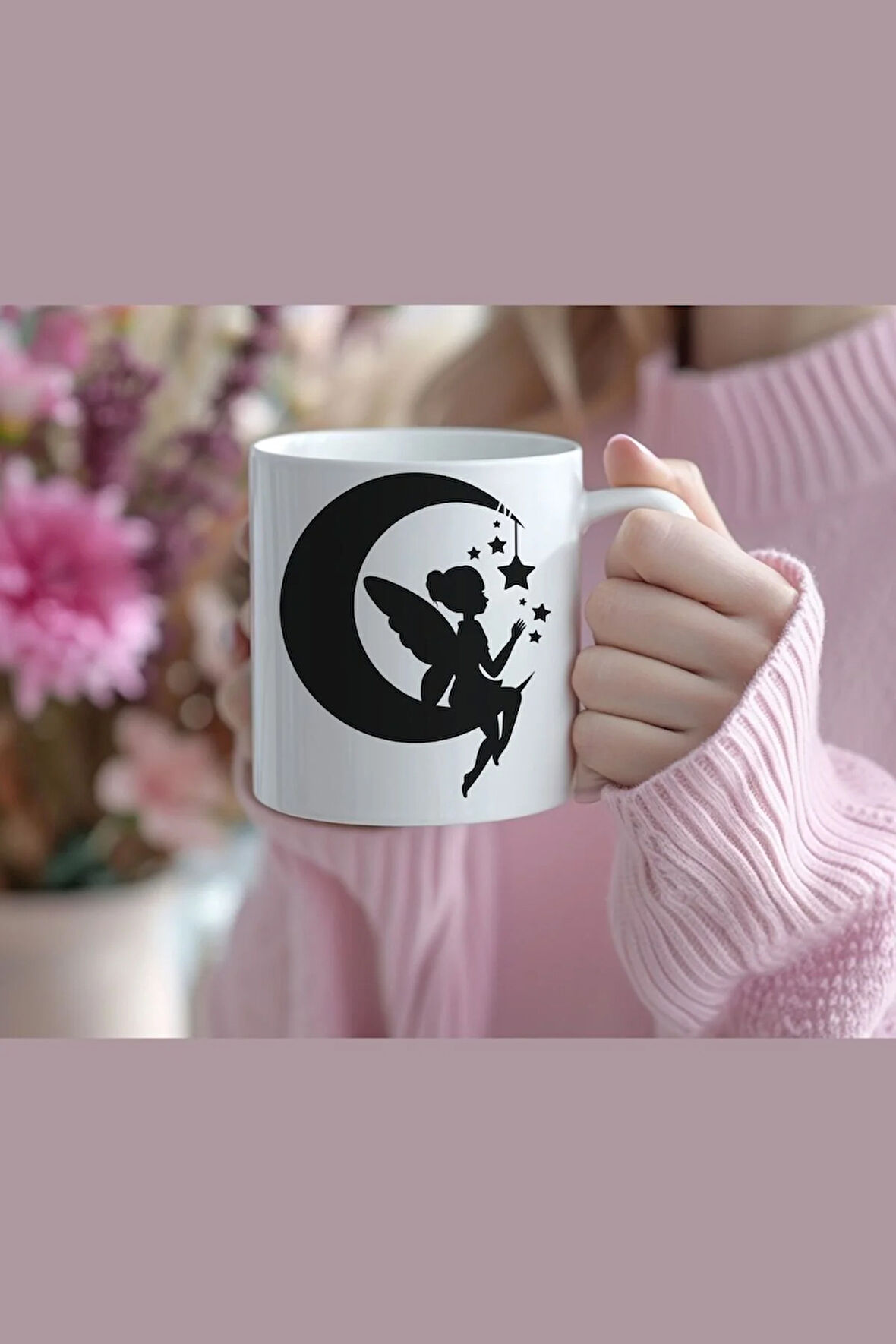 Ay Üzerinde Oturan Peri Silüeti Temalı Porselen Kupa