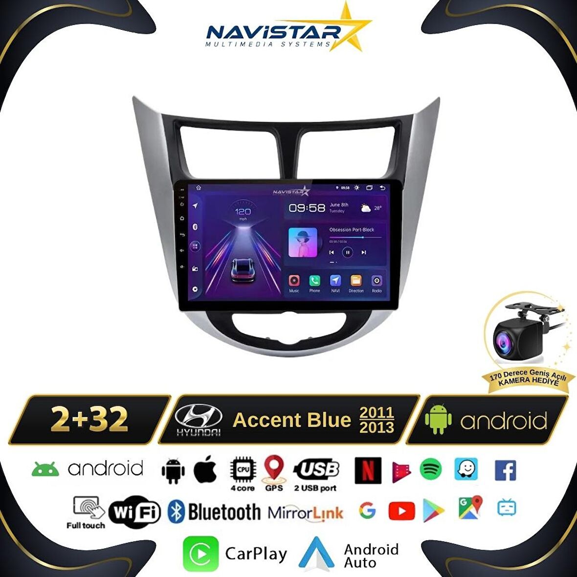 Hyundai  Accent Blue 2011-2013 Model 2+32GB Android 13 Kablosuz Carplay Navigasyon Multimedya Sistem