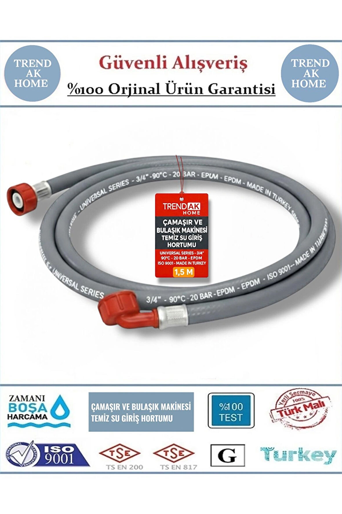 ÇAMAŞIR VE BULAŞIK MAKİNESİ TEMİZ SU GİRİŞ HORTUMU ( 1 M - 1,5 M - 2 M - 3 M - 4 M - 5 M )