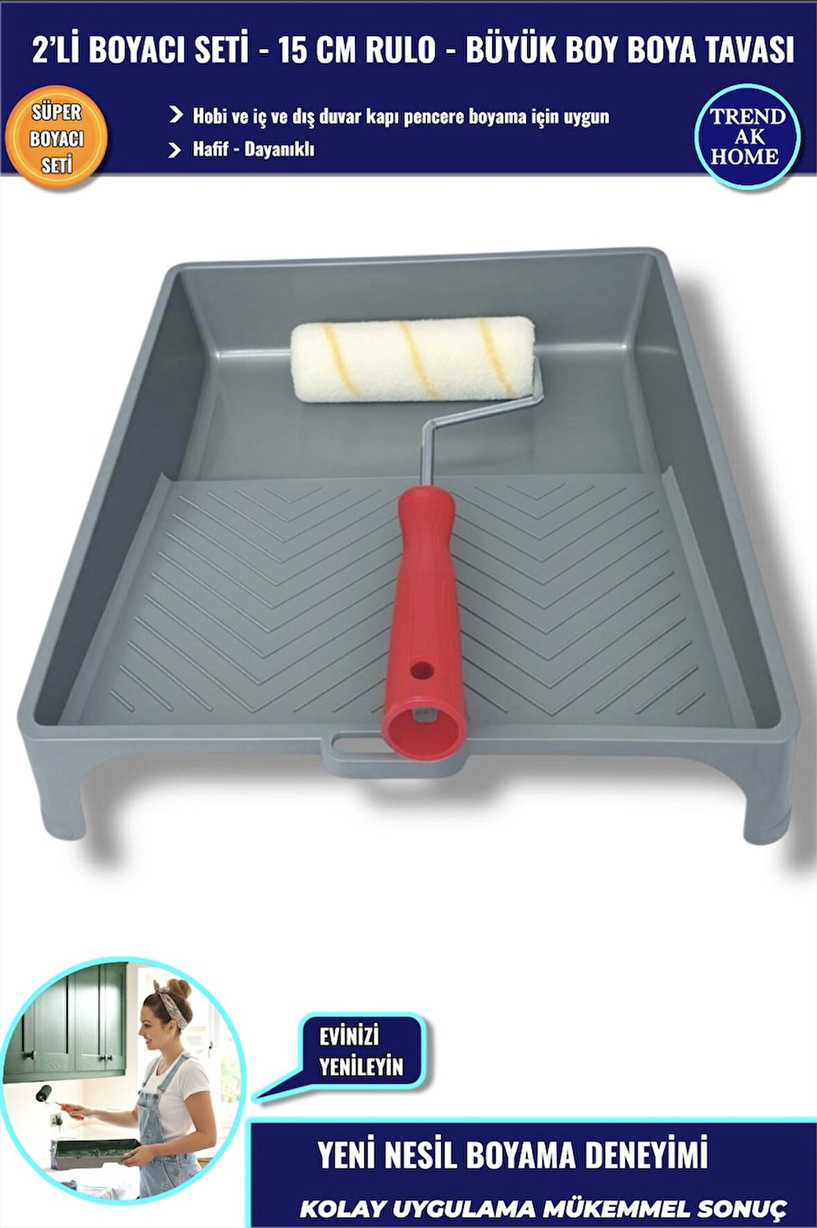 2’Lİ BOYACI SETİ - 15 CM MİKROFİBER RULO - BÜYÜK BOY BOYA TAVASI 