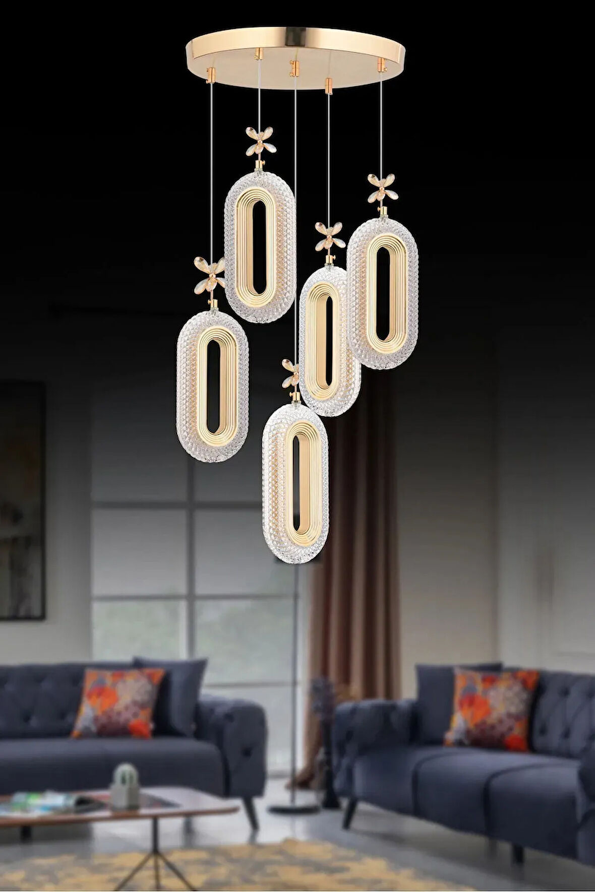 Nova Lighting Alfa Led 5'li Gold 3 Renk Ledli Kristal Taşlı Modern Led Avize