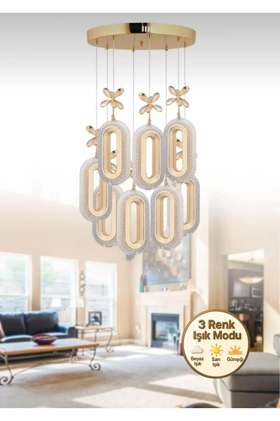 Alfa Led 8'li Gold 3 Renk Modu Ledli Kristal Taşlı Modern Led Avize