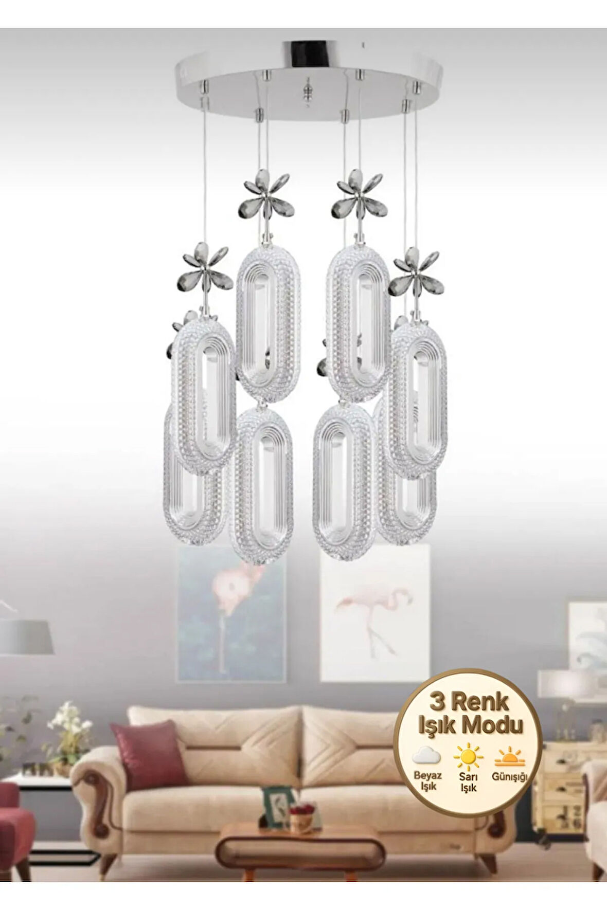 Alfa Led 8'li Krom 3 Renk Modu Ledli Kristal Taşlı Modern Led Avize