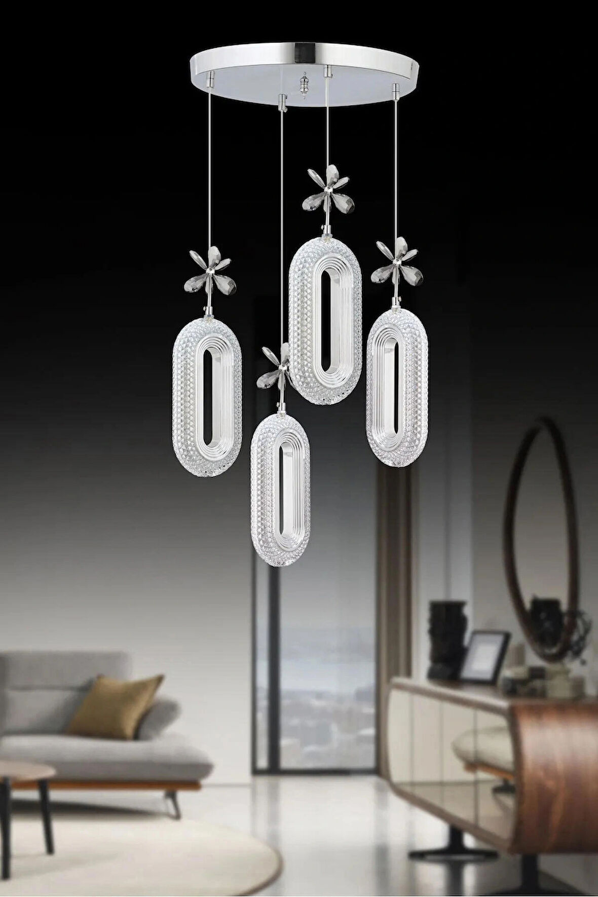 Nova Lighting Alfa 4'lü Gümüş 3 Renk Ledli Kristal Taşlı Modern Led Avize