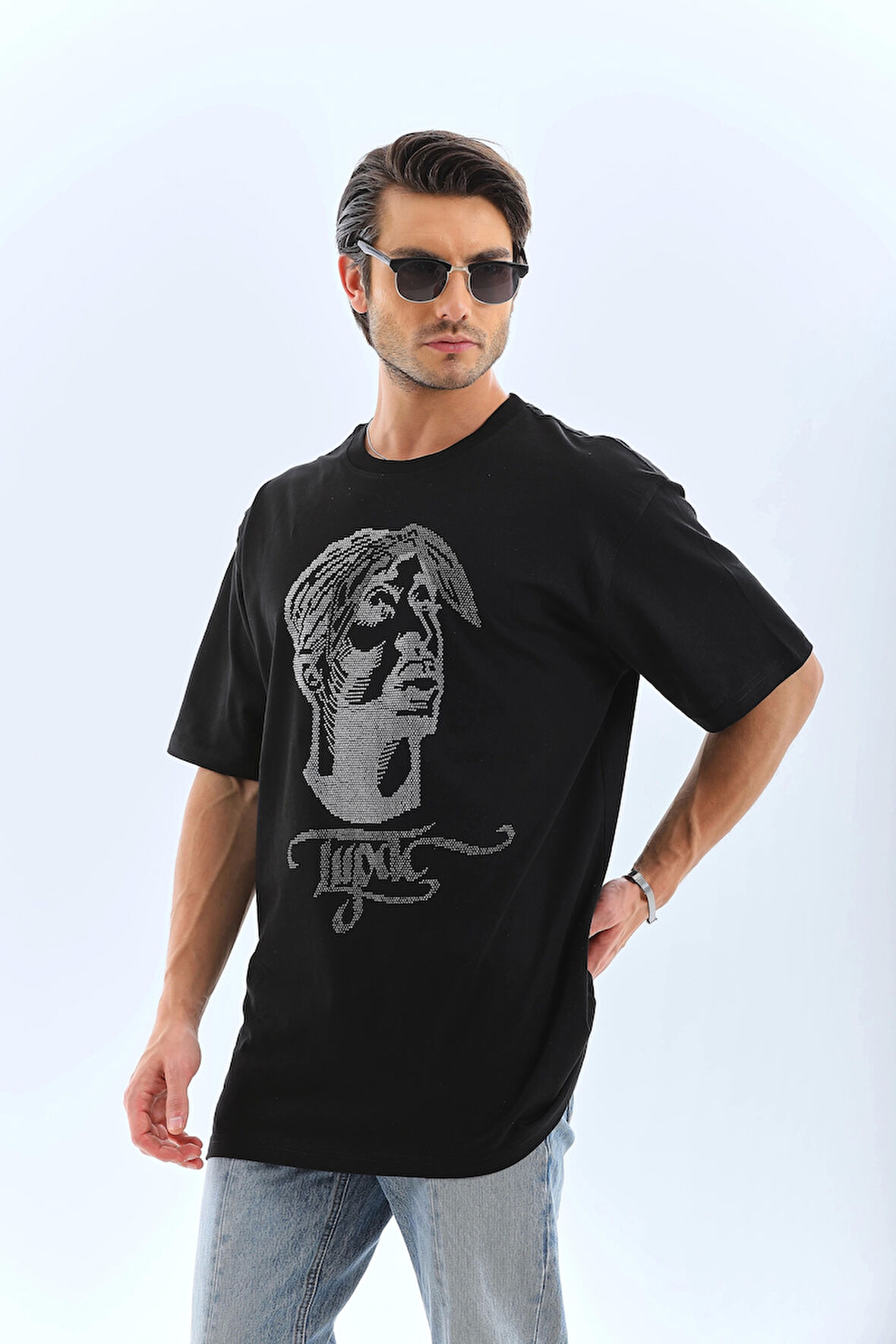 Unisex Oversize Taşlı Bisiklet Yaka T-Shirt - Siyah