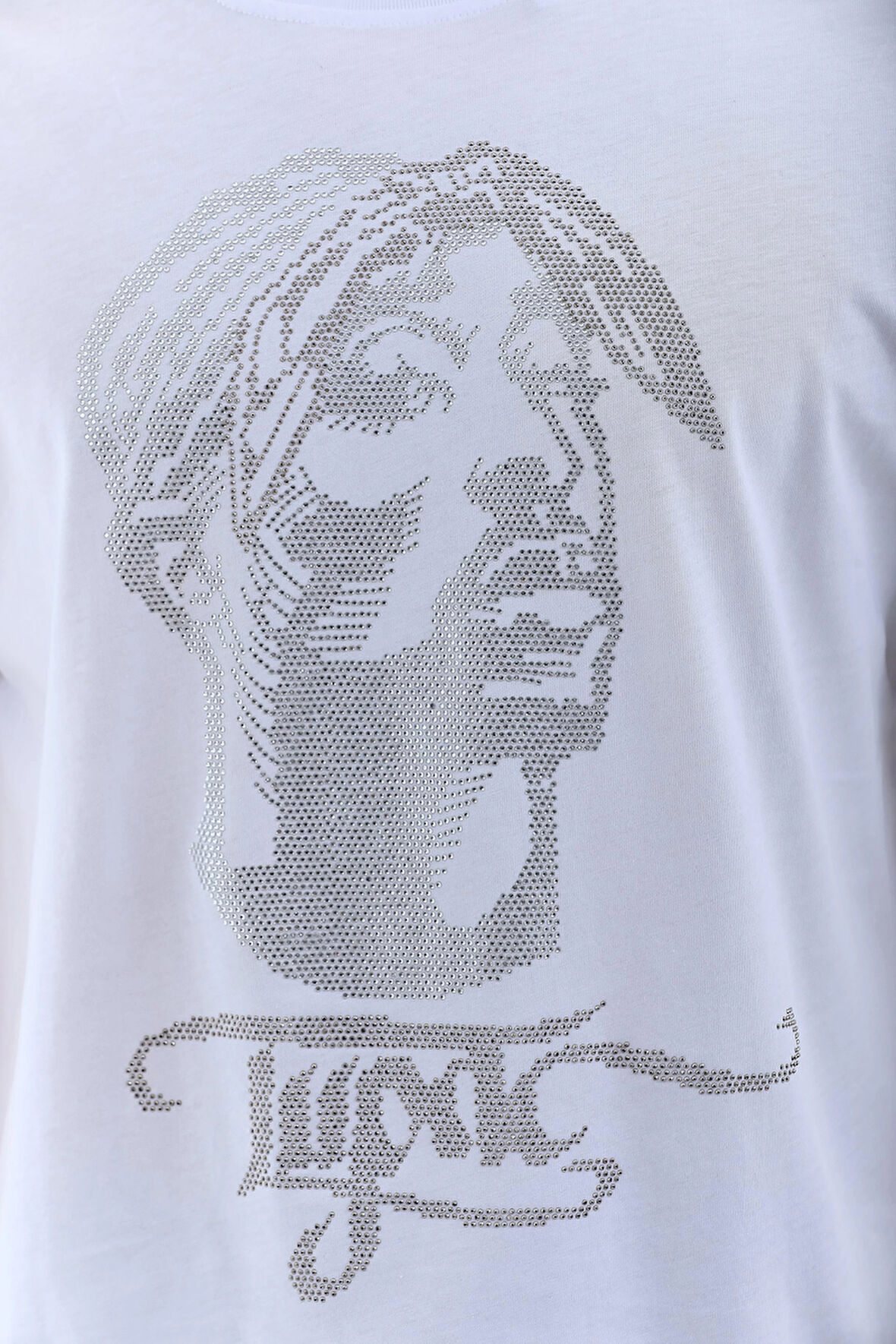 Unisex Oversize Taşlı Bisiklet Yaka T-Shirt - Beyaz