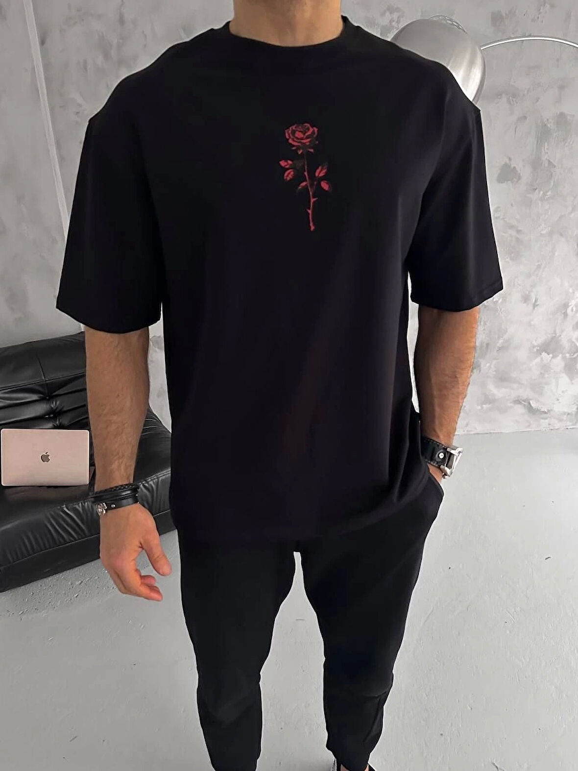 Unisex Bisiklet Yaka Baskılı Oversize T-Shirt - Siyah