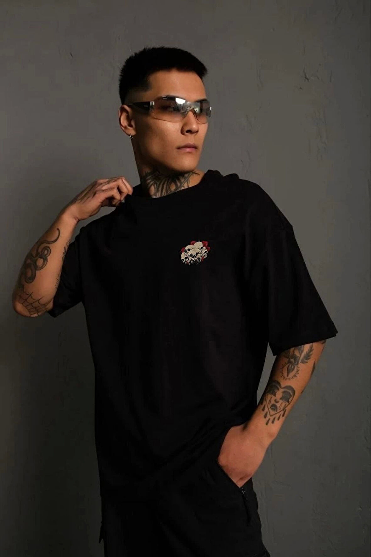 Unisex Bisiklet Yaka Baskılı Oversize T-Shirt - Siyah