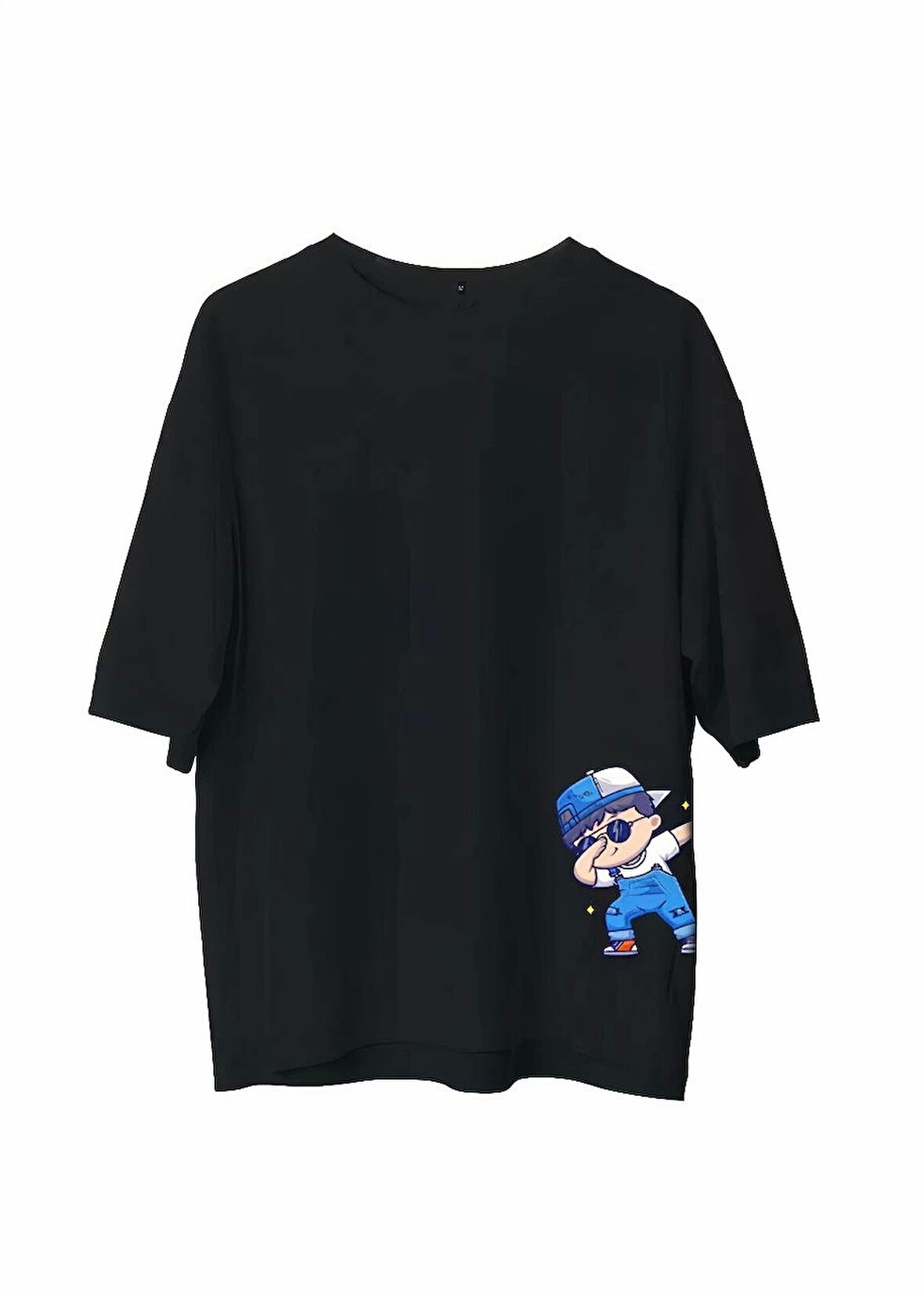 Unisex Bisiklet Yaka Baskılı Oversize T-Shirt - Siyah