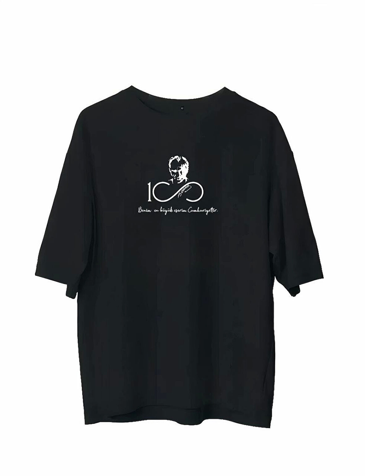 Unisex Bisiklet Yaka Baskılı Oversize T-Shirt - Siyah