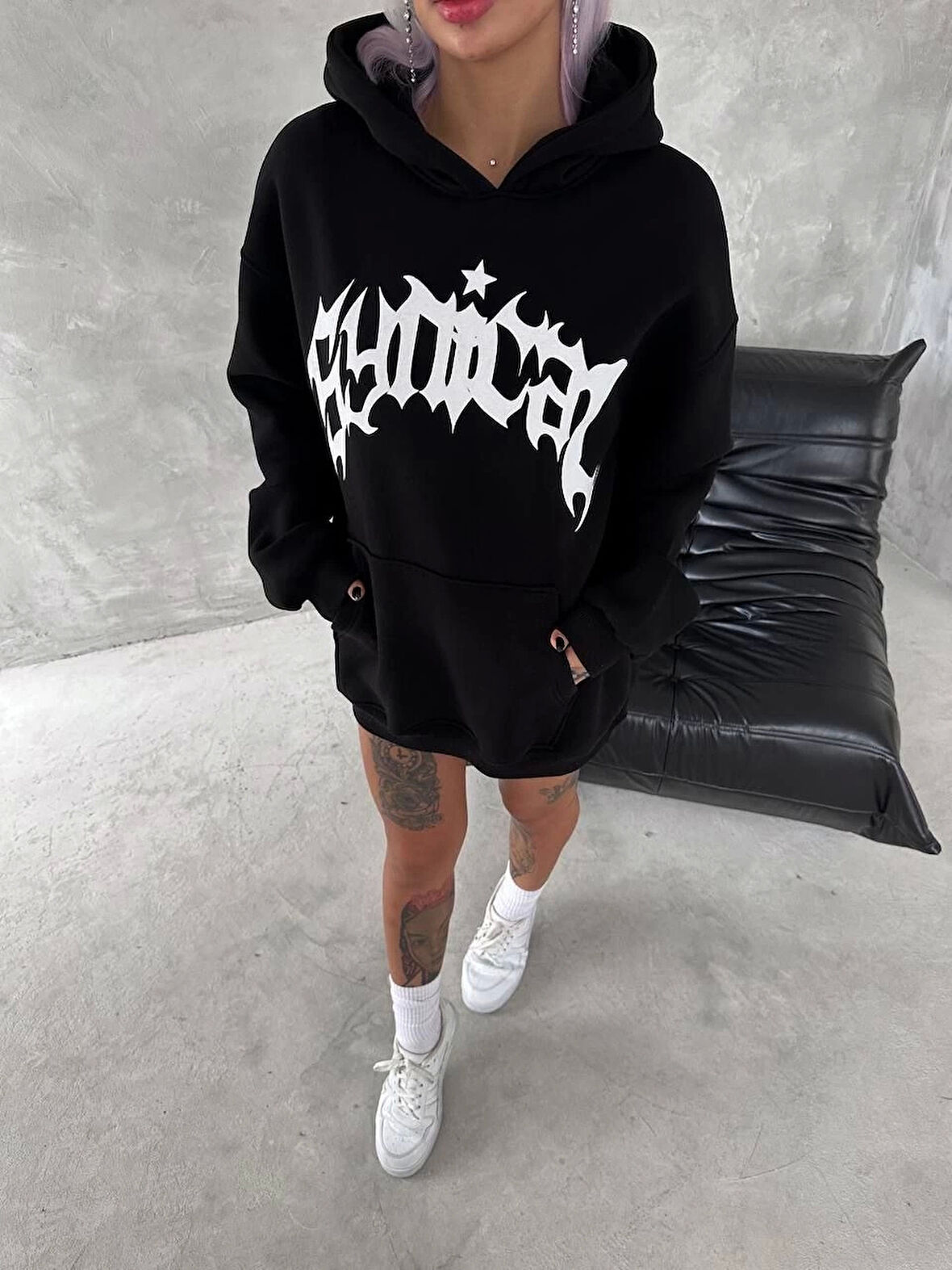 Unisex Üç İplik Kapüşonlu Baskılı SweatShirt - Siyah