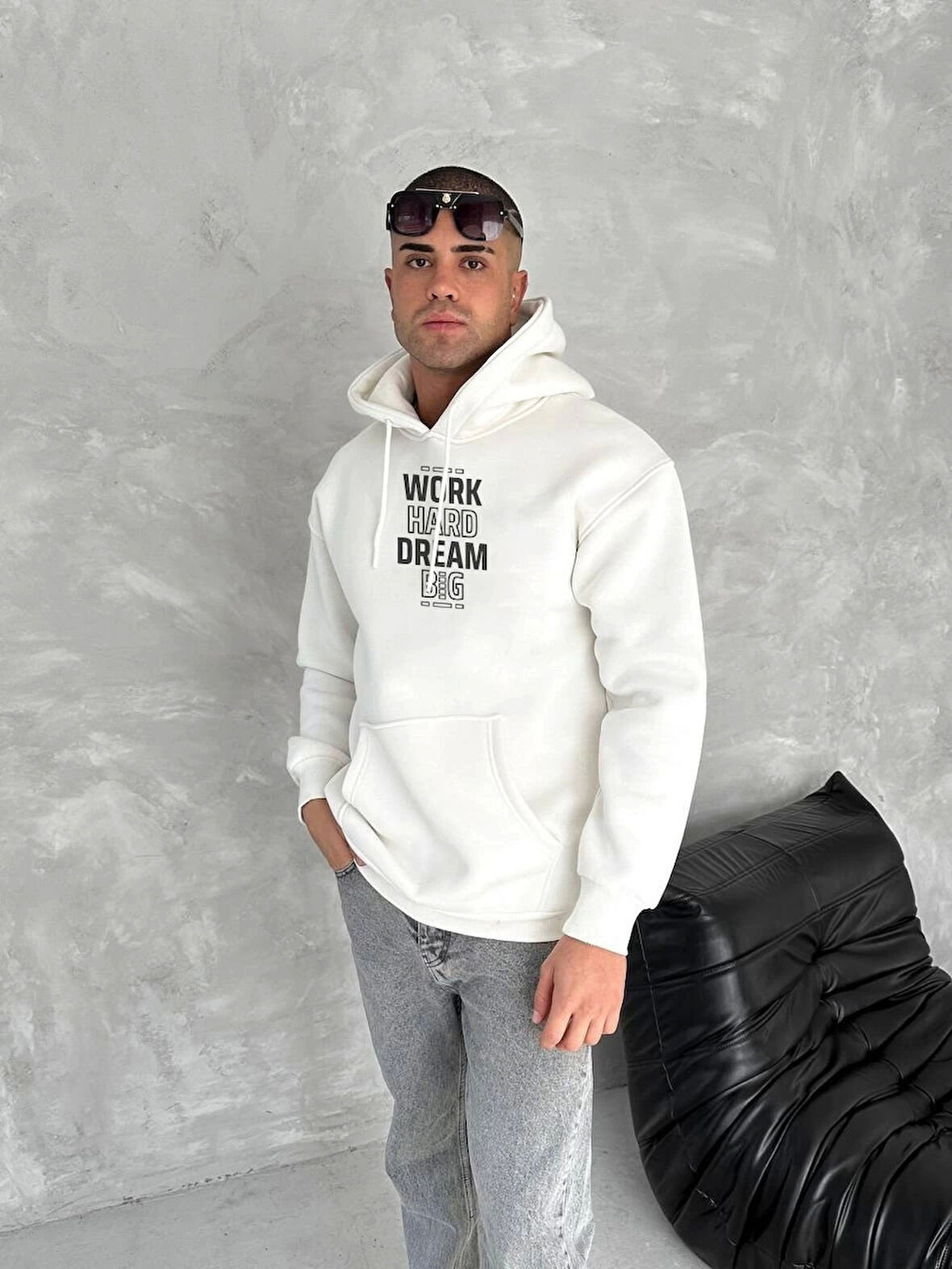 Kışlık Üç İplik Kapüşonlu SweatShirt - Beyaz