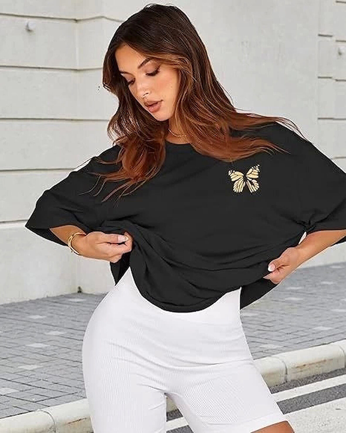 Kadın Bisiklet Yaka Baskılı T-shirt - Siyah