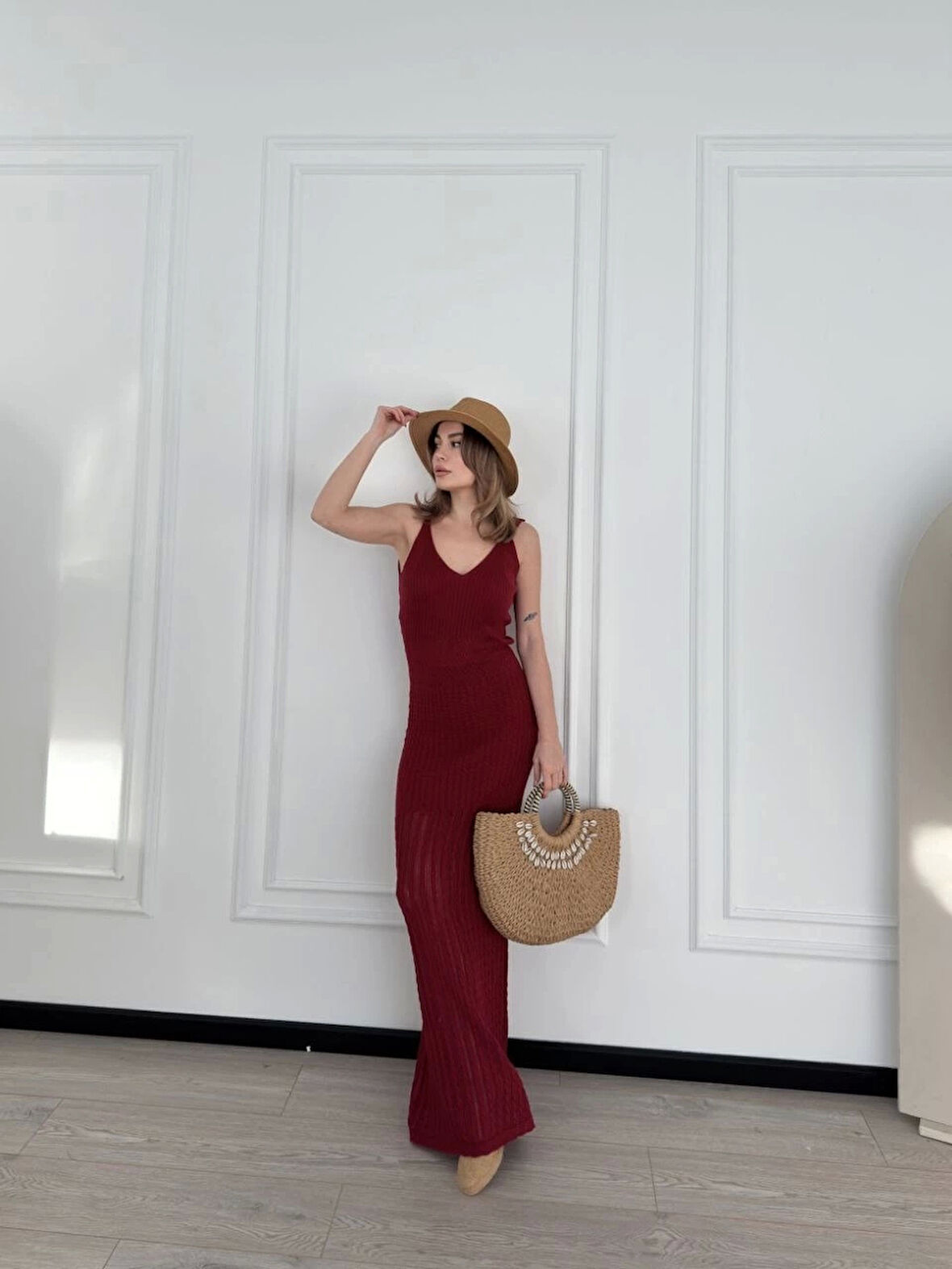 Örgülü Uzun Triko Elbise - Bordo