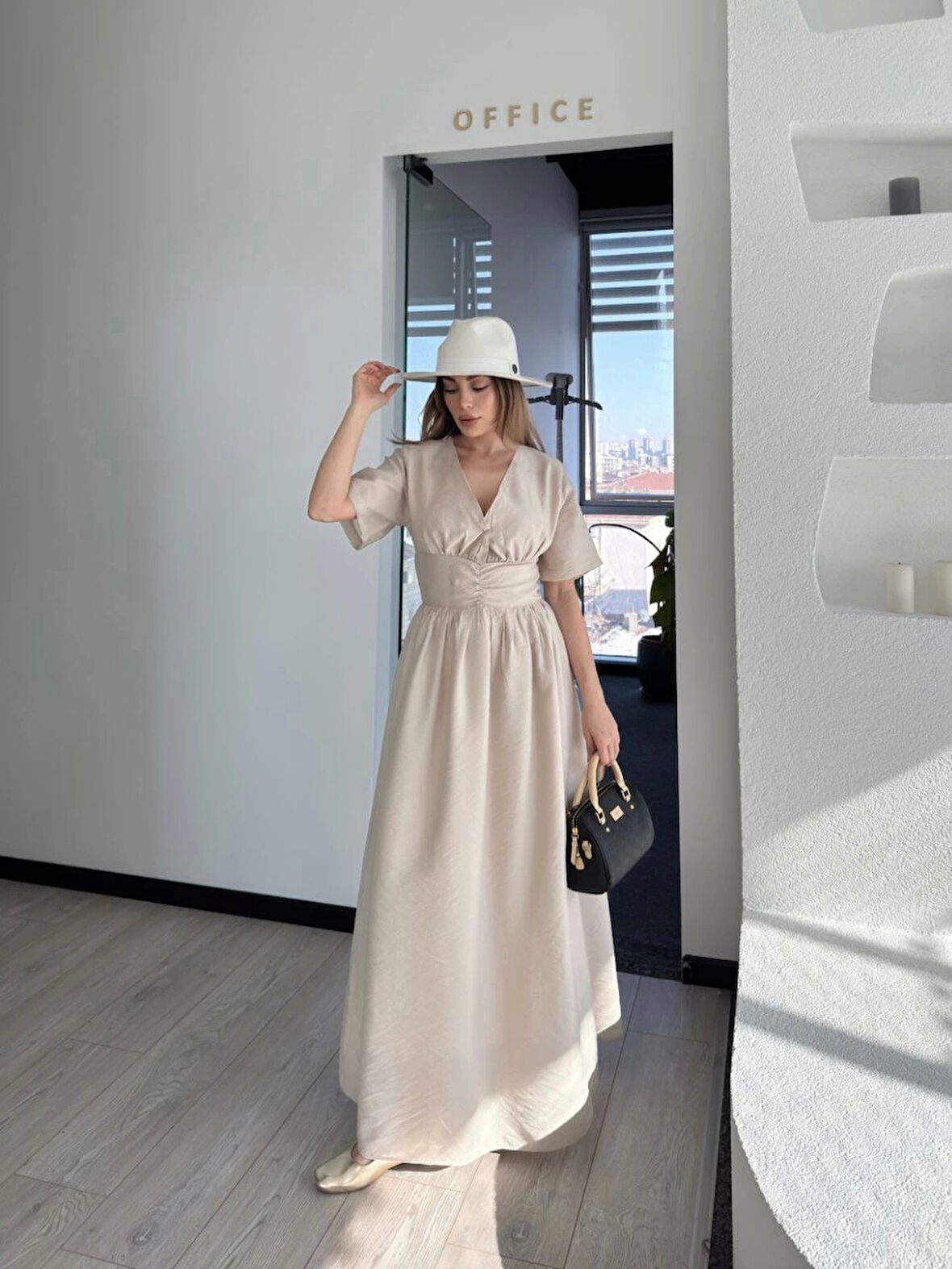 Kısa Kollu Uzun Elbise - Kırık Beyaz